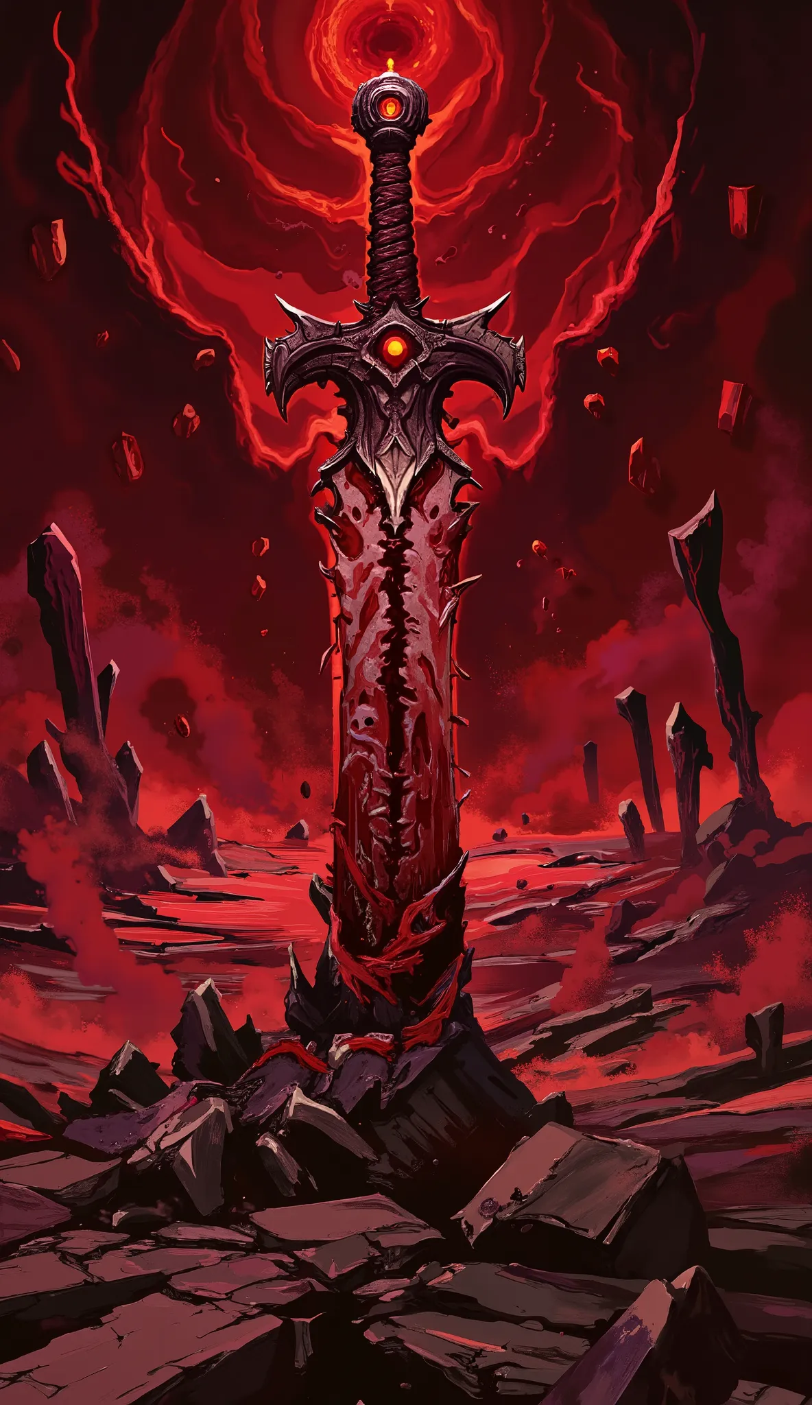 flesh and blood sword inserted into the ground，Tooth growth，eyes inlaid，human skin handle，Looks like，red fog，Cracked ground，separated sky，恐怖Looks like