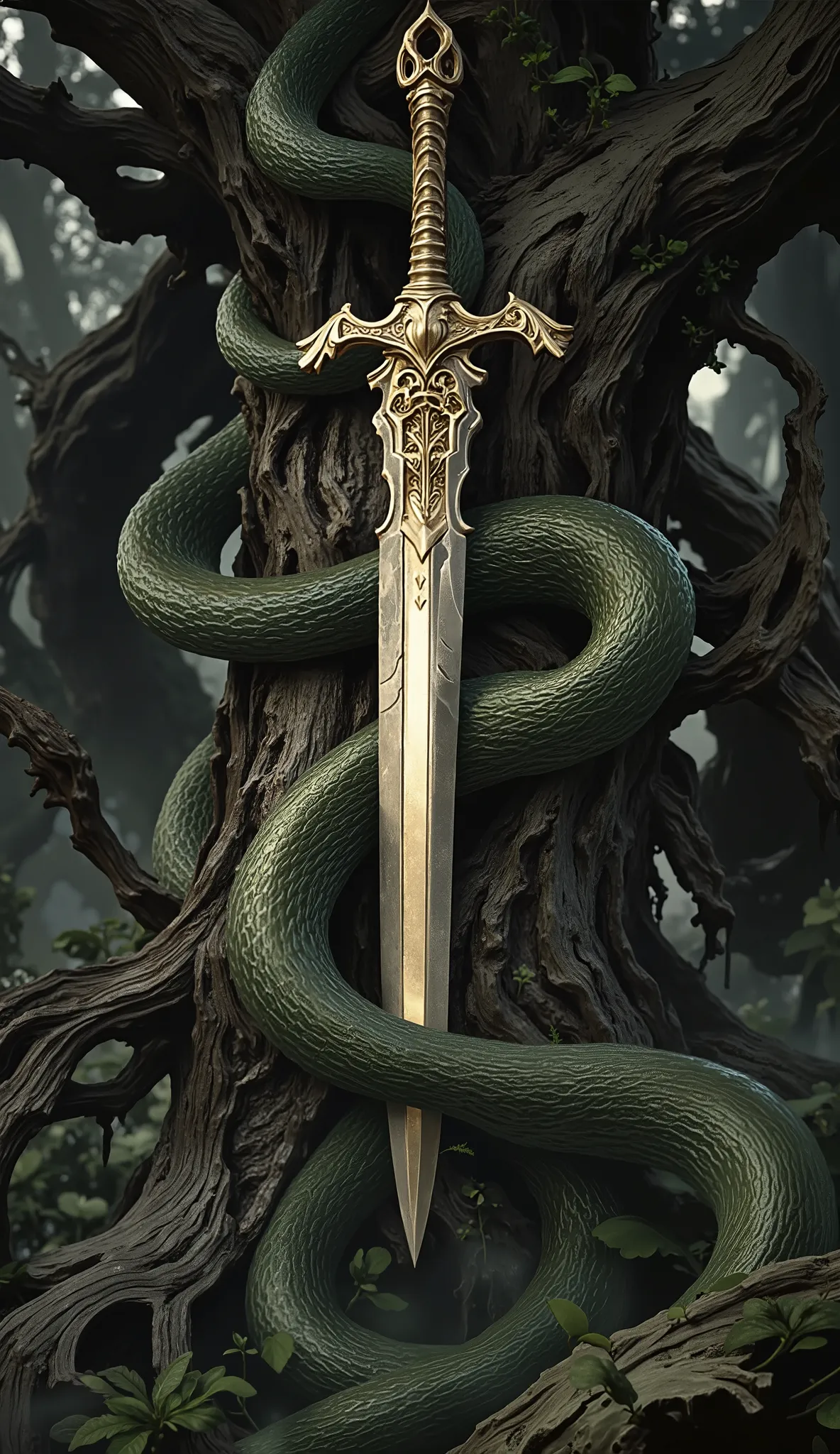 The sword of a viper stuck in the trunk，Tongue growth，The scales are inlaid，The handle of the snake's tail，The shape of a snake，The shape of an epic，