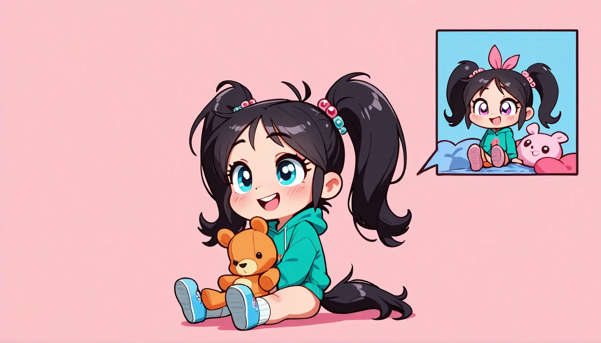 (NSFW) Not safe for work, cartoon girl sitting on the ground with a stuffed animal, vanellope von schweetz, cartoonish cute, cute cartoon, cute cartoon character, chibi, cartoon artstyle, her hair is in a pony tail, cute character, she has two ponytails, 😃...