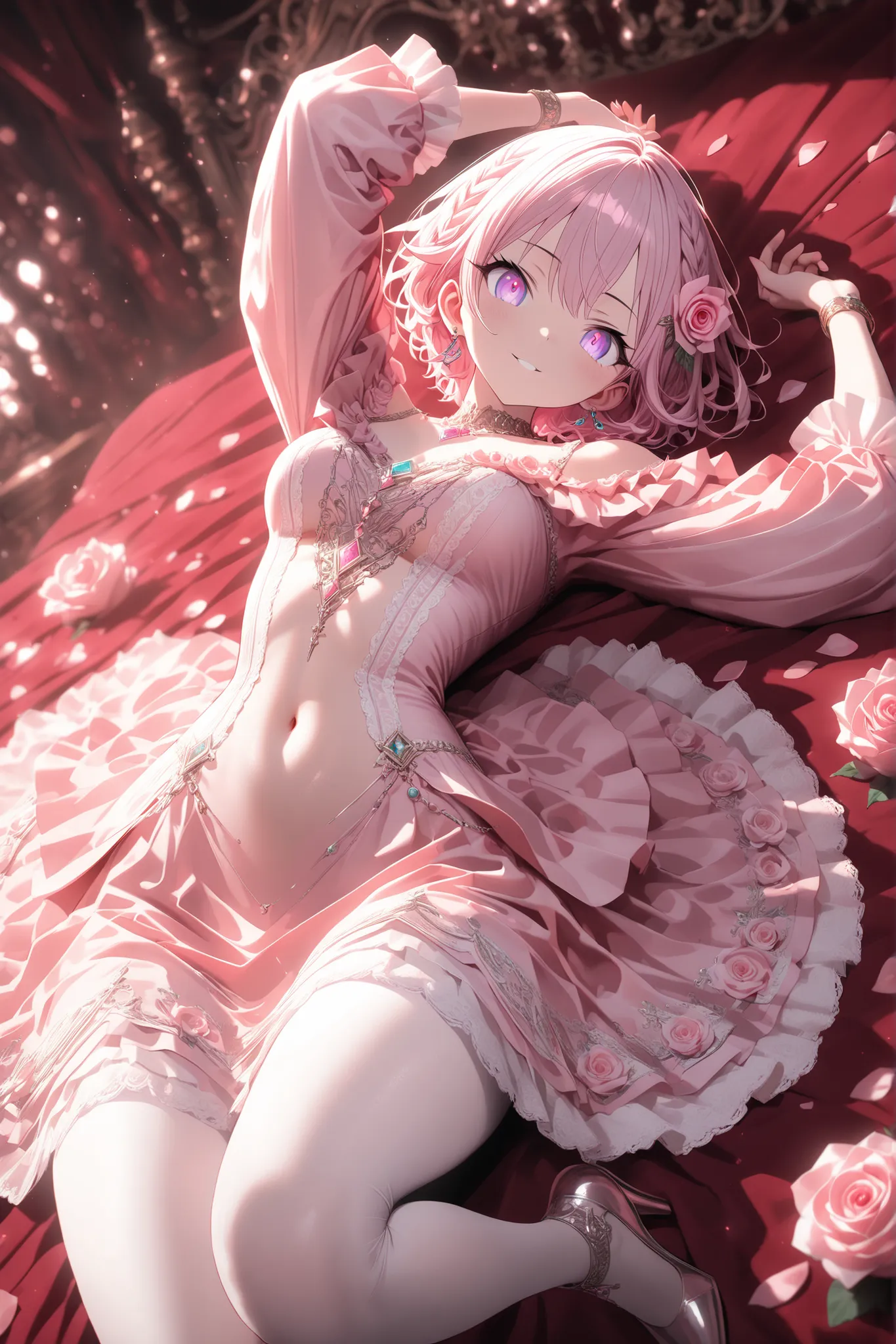 ((anime coloring:1.5)), sumi-e, pastel color, french court theme, bedroom, pink rose petals on bed,
1 girl, violet eyes, light pink hair, short hair, cool, beautiful, medium breast, very cute, lovely, kawaii, light pink dress, center opening, cleavage, ...