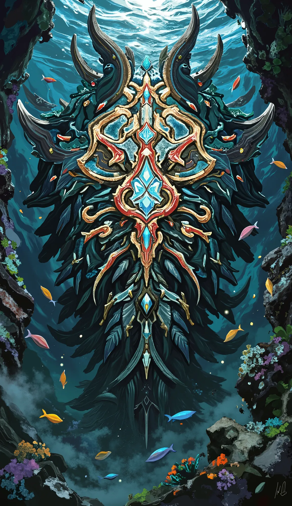 The coral shield is placed in the ocean，Coral growth，gemstone inlay，The appearance of a strong sword，The appearance of a school of fish，The shape of an epic，spacious