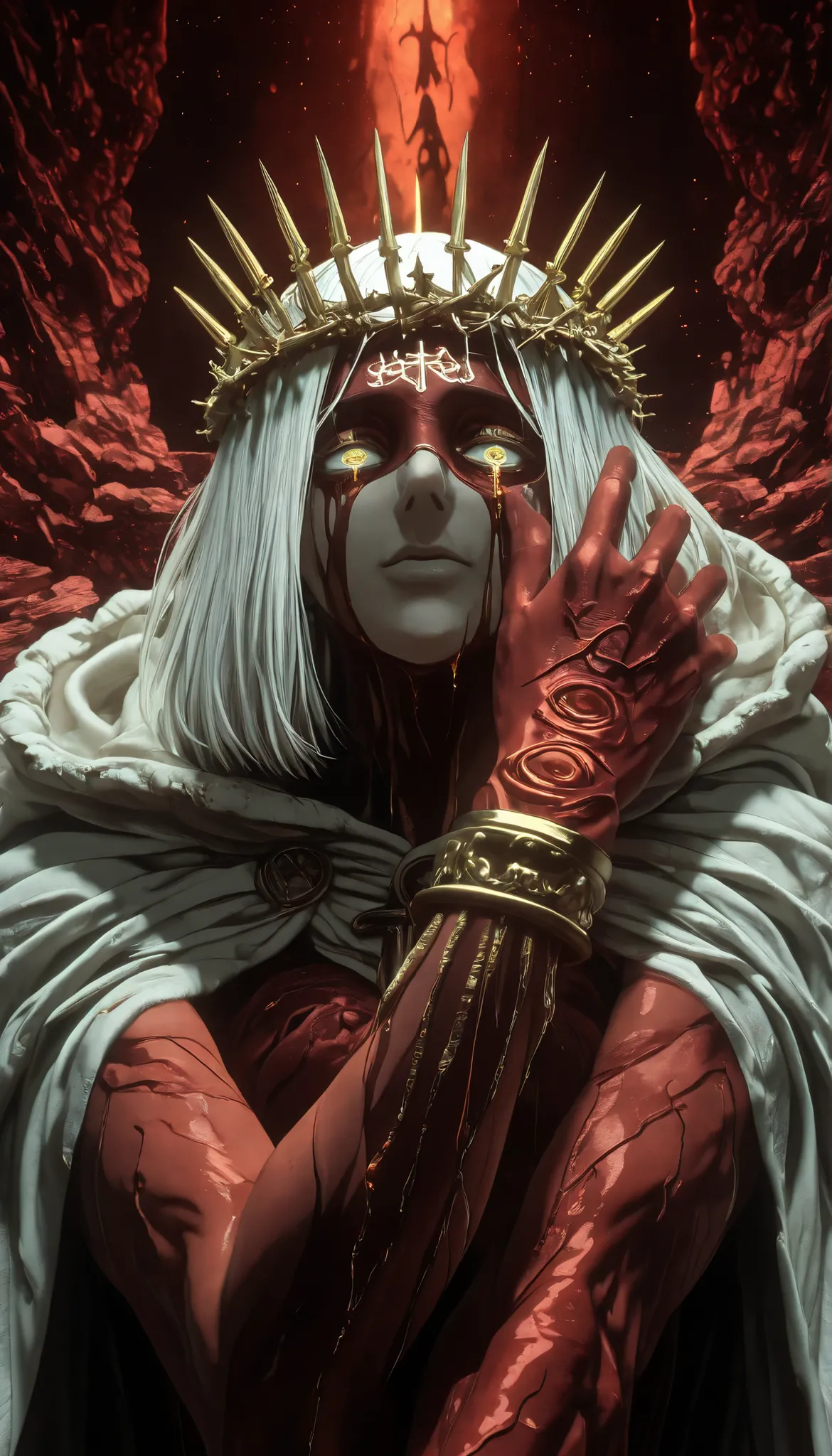 An image of a heavenly and tragic looking young man, with a sacred and fragmented aesthetic. Your skin, of an intense red like cooled magma, is crossed by golden cracks that run all over his body, as if made of broken porcelain and repaired with gold. the ...