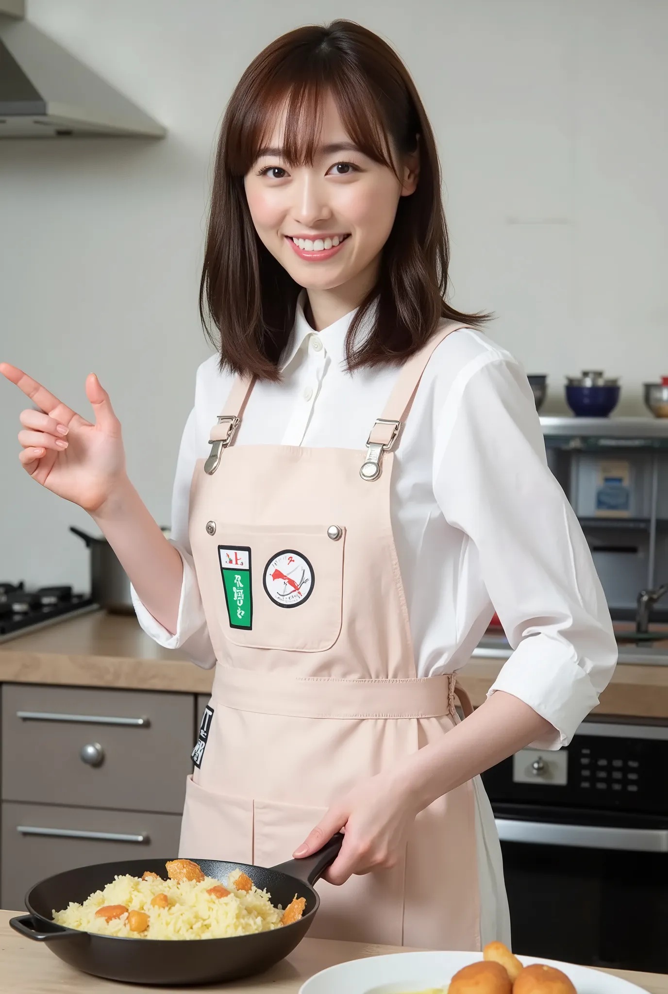 Create a stunning portrait of a beautiful Japanese female singer. She has a slim physique, medium-sized chest, and slender legs. Her medium-length hair is styled elegantly, and she wears a cute designed apron. The background features a cooking show set wit...
