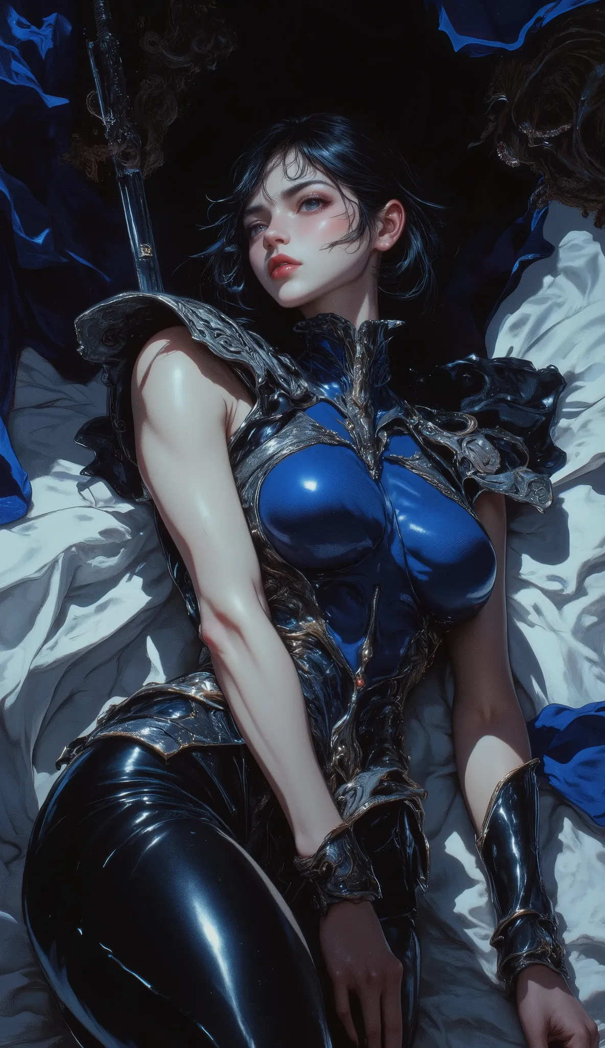 masterpiece, best quality, ultra-detailed, (stunningly beautiful woman:1.3) with (lustrous long black hair:1.2) and (wispy scattered bangs:1.1), (exquisite symmetrical face:1.2), piercing (cold arrogant gaze:1.2), (athletic fit physique:1.1), (flawless ala...