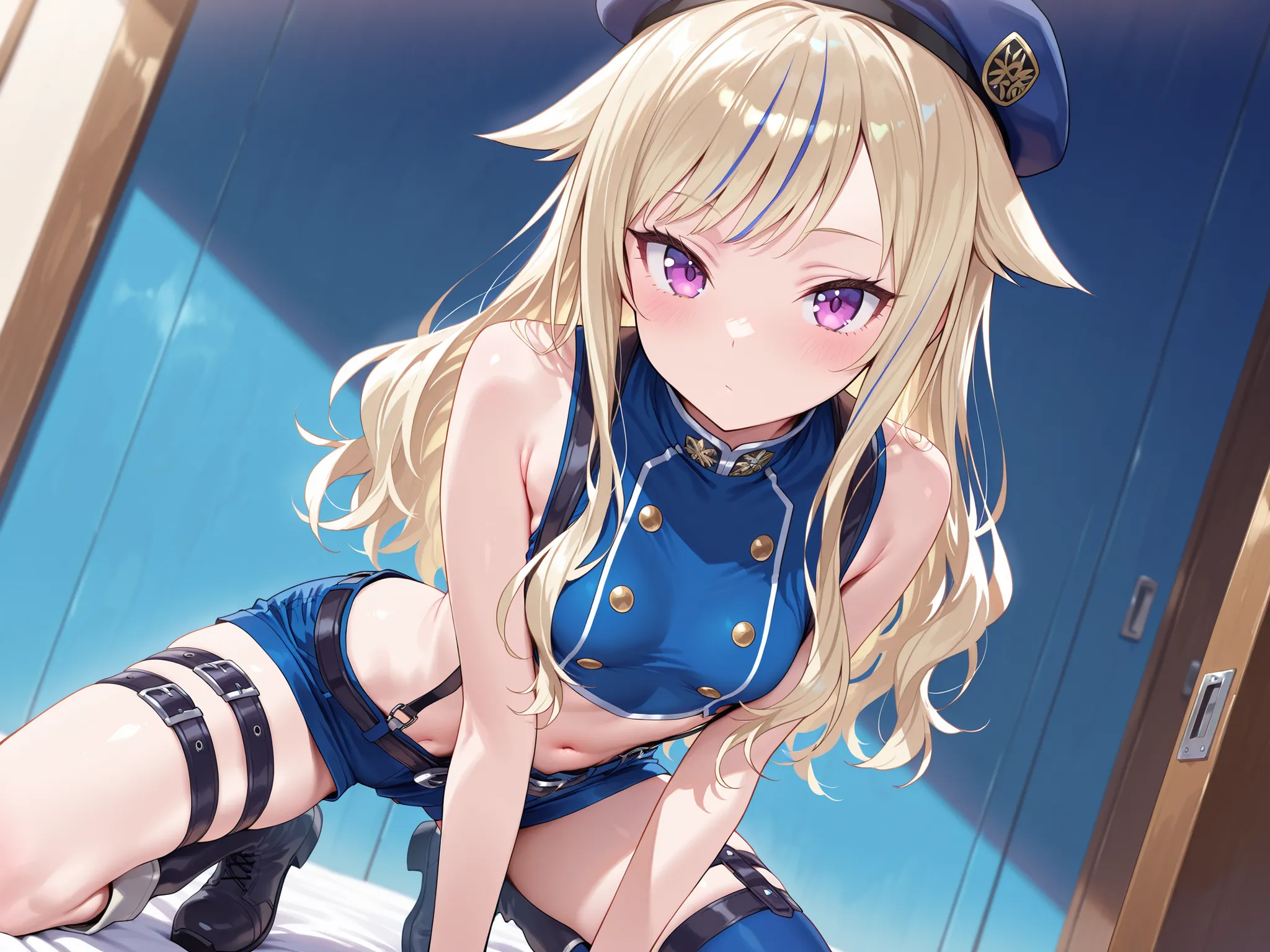 solo,masterpiece,best quality, amazing quality, highres, absurdres, very aesthetic, high resolution, ultra detailed, perfect details,suzuki hina, blonde hair, long hair, streaked hair, hair flaps, purple eyes, skinny, small breasts, hat, beret, blue thighh...