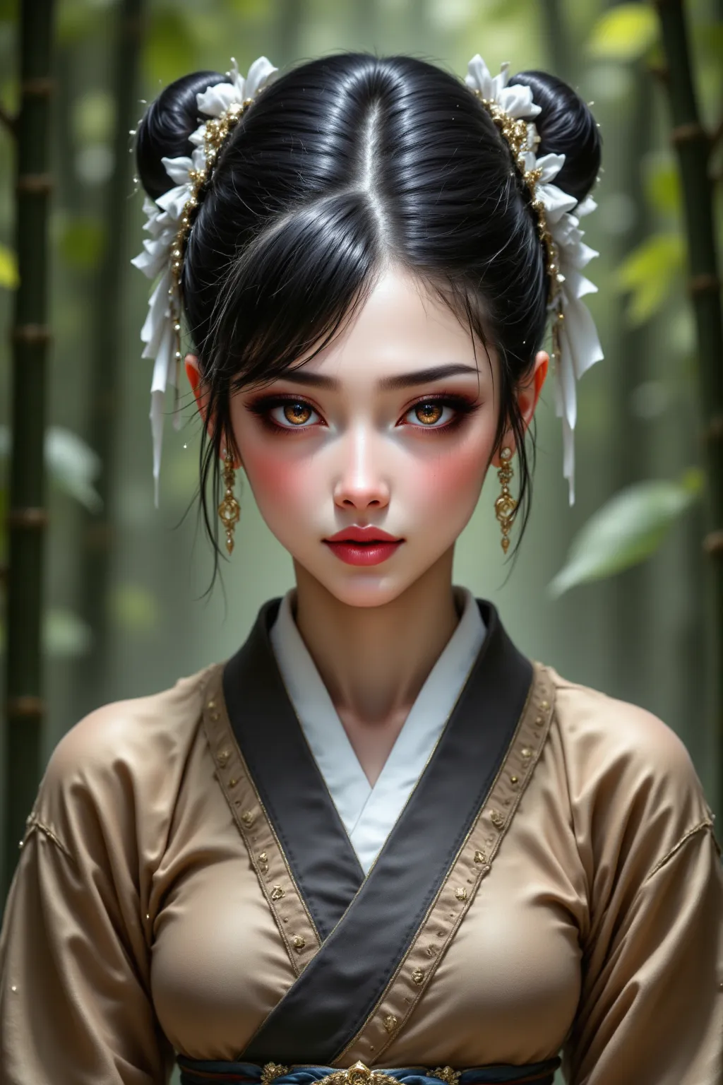 파란색 치파오를 입은 female,각도가 매우 높은  launcher를 선보이는 female, Bamboo Forest고화질,Masterpiece,extremely detailed,traditional kimono that looks like a beautiful and refined,HDR,UHD,professional,vibrant colors,soft bokeh,female,describes facial features in detail,Provocative posture , strong expression , launcher, Bamboo Forest,natural background,mysterious atmosphere,Beautiful Scenery