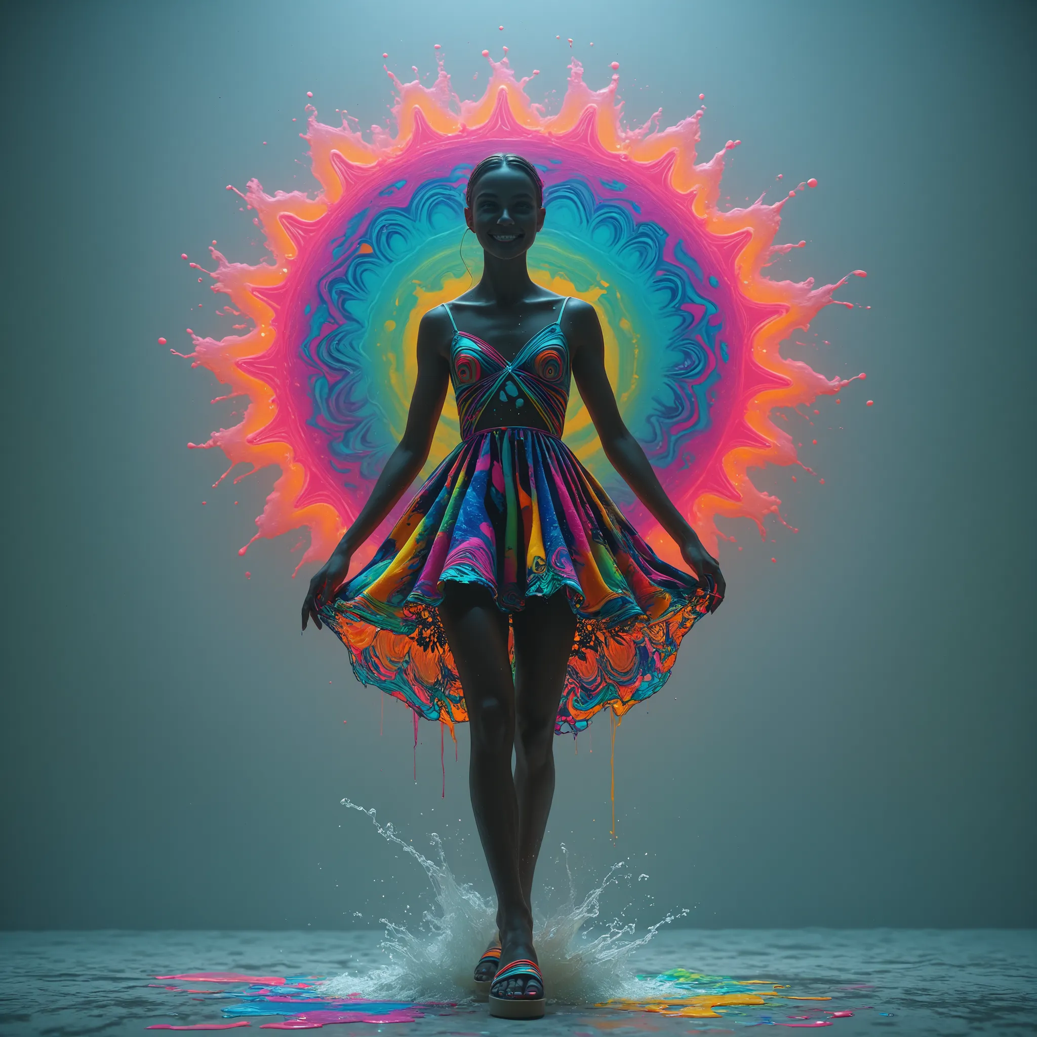 Glow in the dark ,Paint splashing,Captivating psychedelic surreal neon amazing universe beautiful gorgeous women in a bright colorful neon light,Mark Reiden、daniel merriam、Bright neon colors in the style of Frank Frazetta and Boris Vallejo, 、fashion clothe...