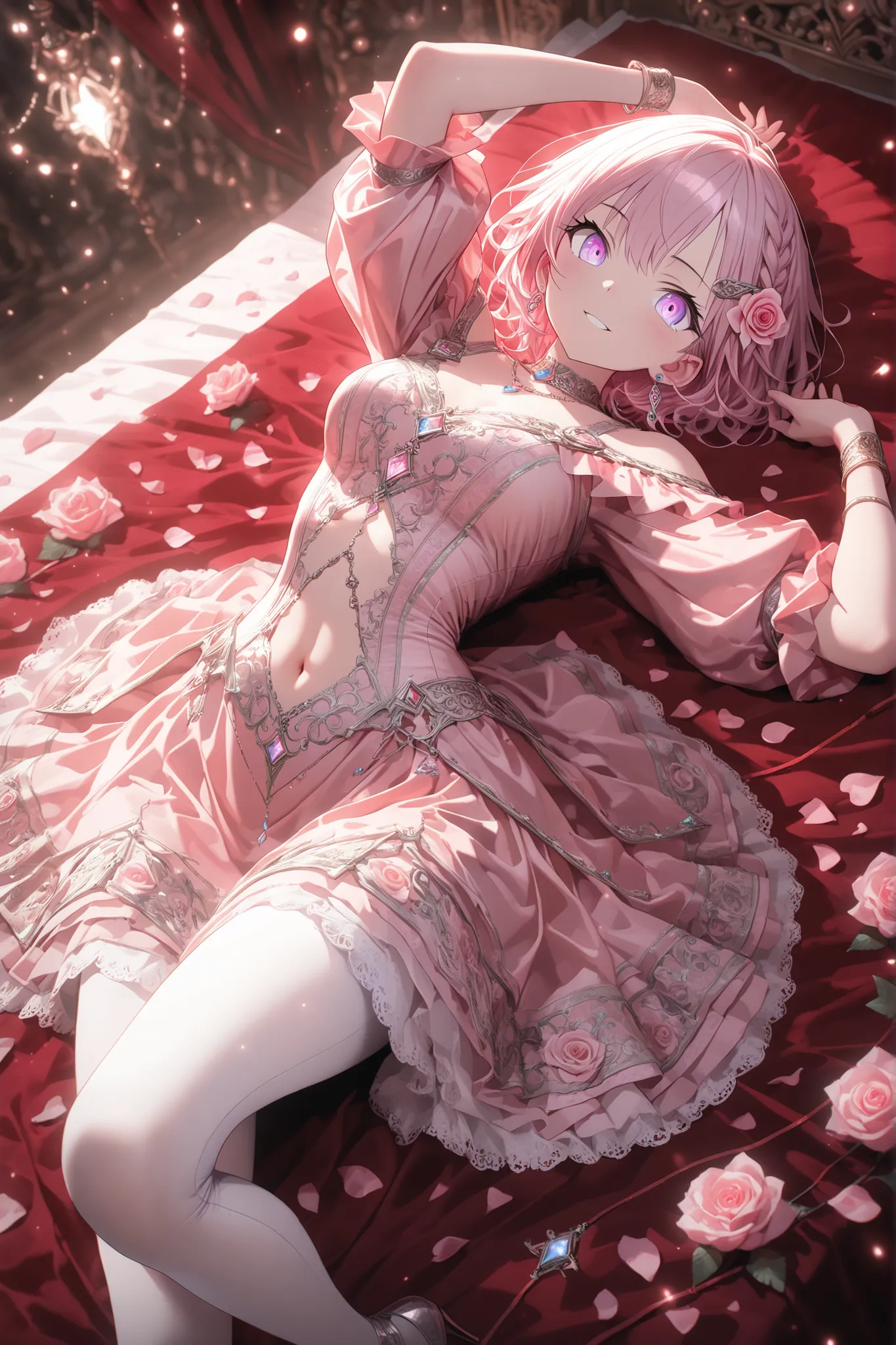 ((anime coloring:1.5)), sumi-e, pastel color, french court theme, bedroom, pink rose petals on bed,
1 girl, violet eyes, light pink hair, short hair, cool, beautiful, medium breast, very cute, lovely, kawaii, light pink dress, center opening, cleavage, ...