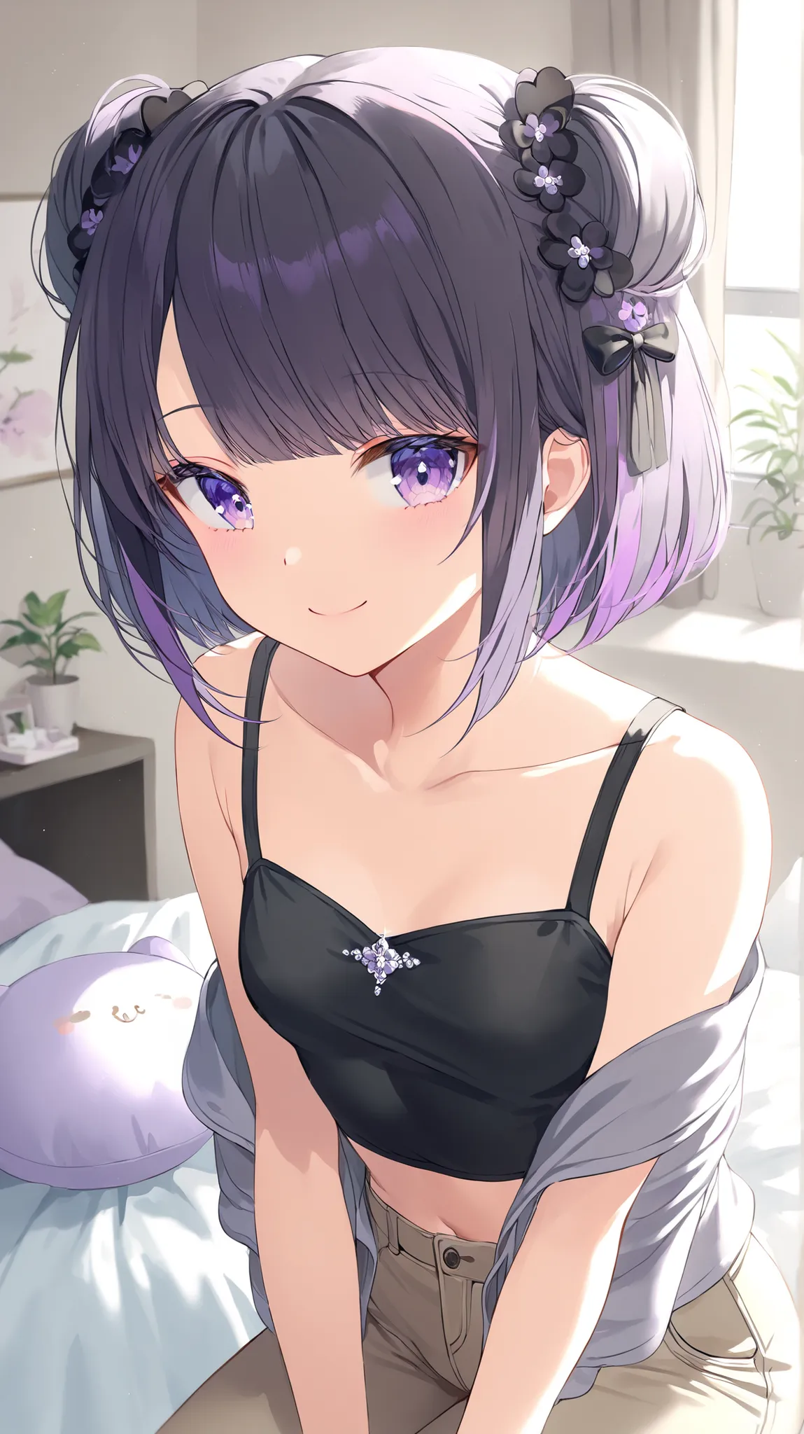 korean young woman, very short black hair with little bit of purple hair made into elegant and cute hairstyle, light purple eyes, small round face, cute smile, small breasts, wearing black tank sqaure-shaped top and light brown jeans, background is her roo...