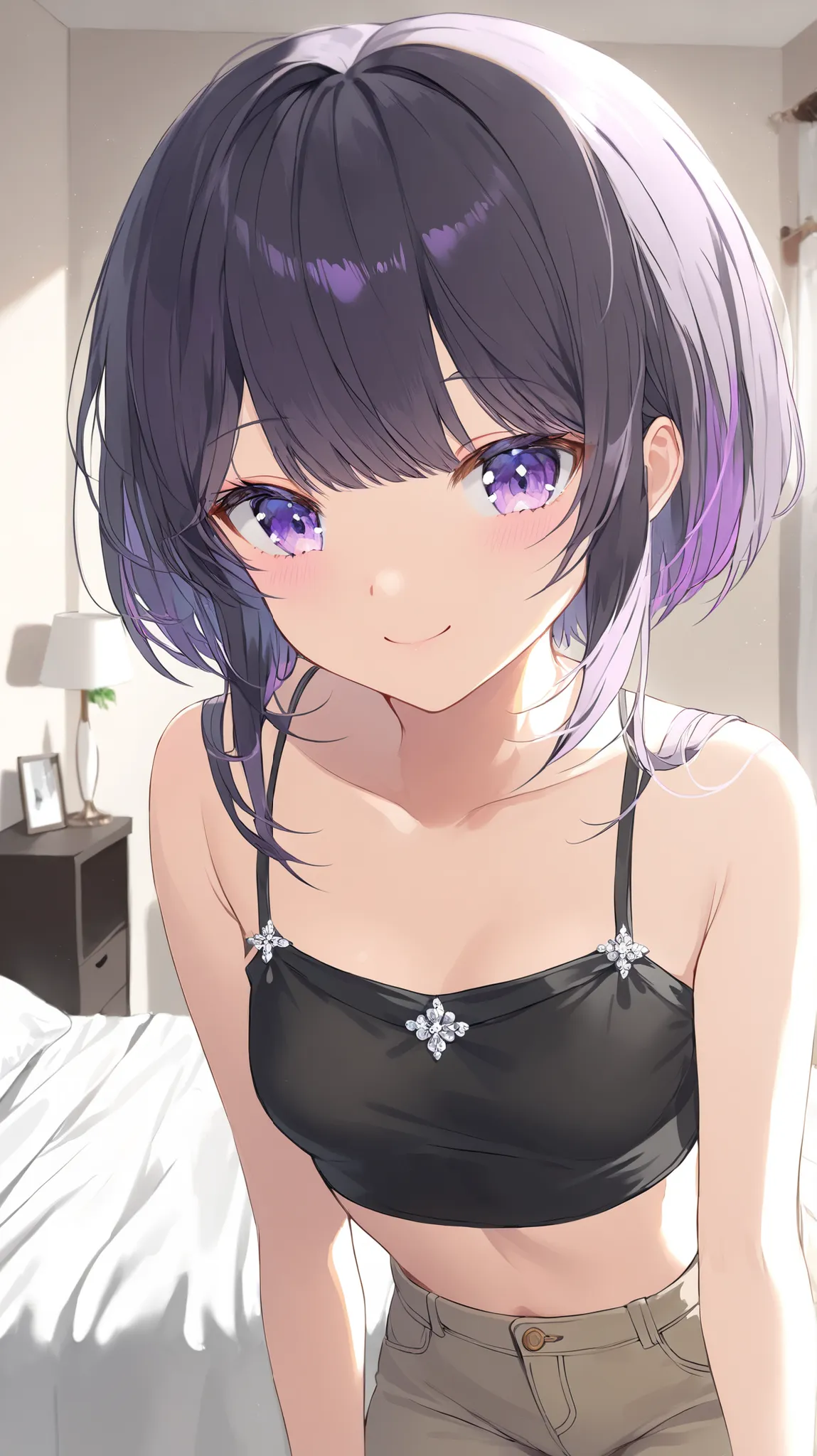 korean young woman, very short black hair with little bit of purple hair made into elegant and cute hairstyle, light purple eyes, small round face, cute smile, small breasts, wearing black tank square-shaped top and light brown jeans, background is her roo...