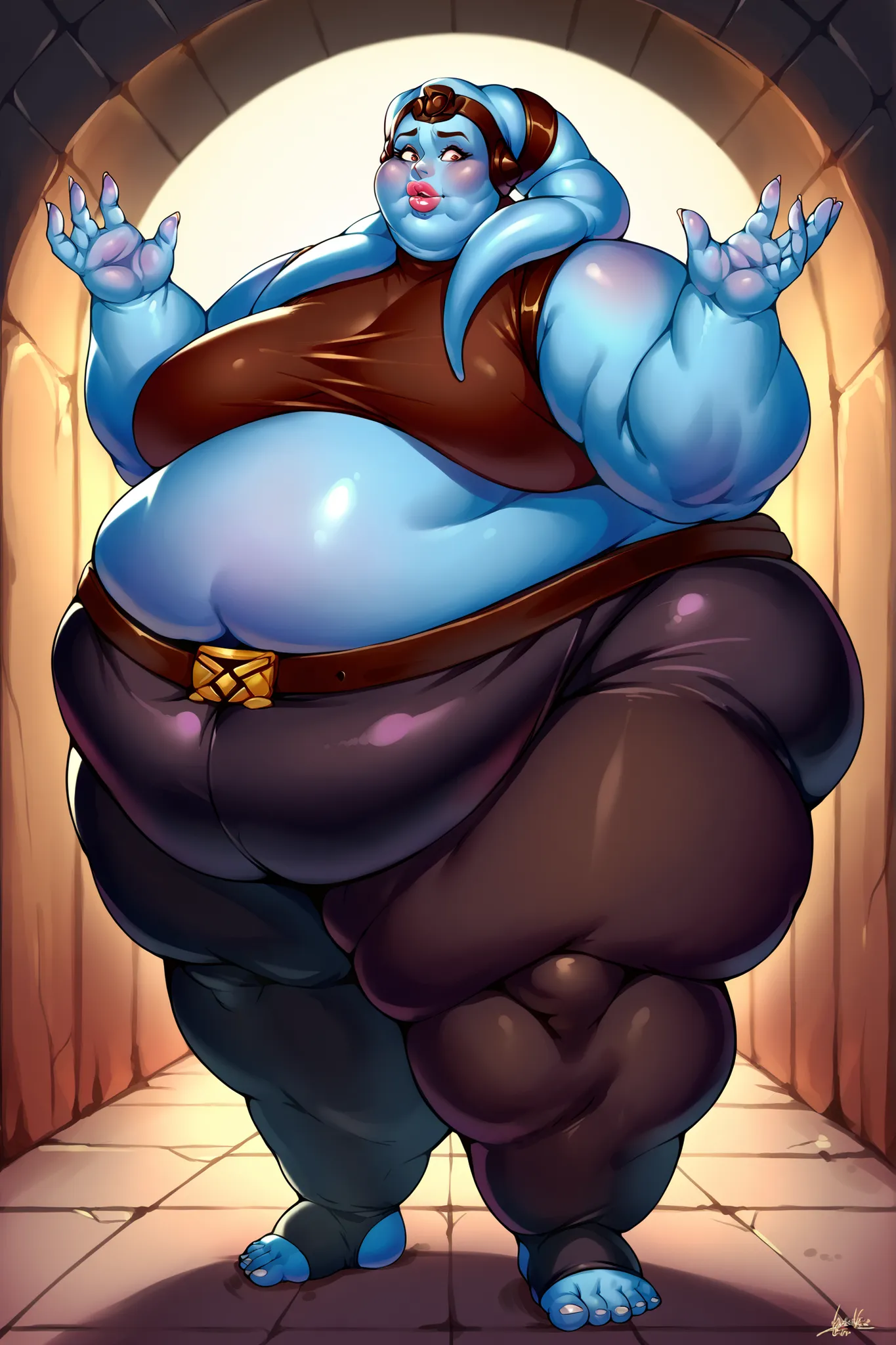 Twi'lek, dark blue skin, medium breasts, black bodysuit, shoulderpads, seductive, belt, thick thighs, giant hands, giant feet, fat, chubby, obese, gigantic arms and legs, gigantic breasts, sagging breasts, full body shot, fat face, chubby face, double chin...