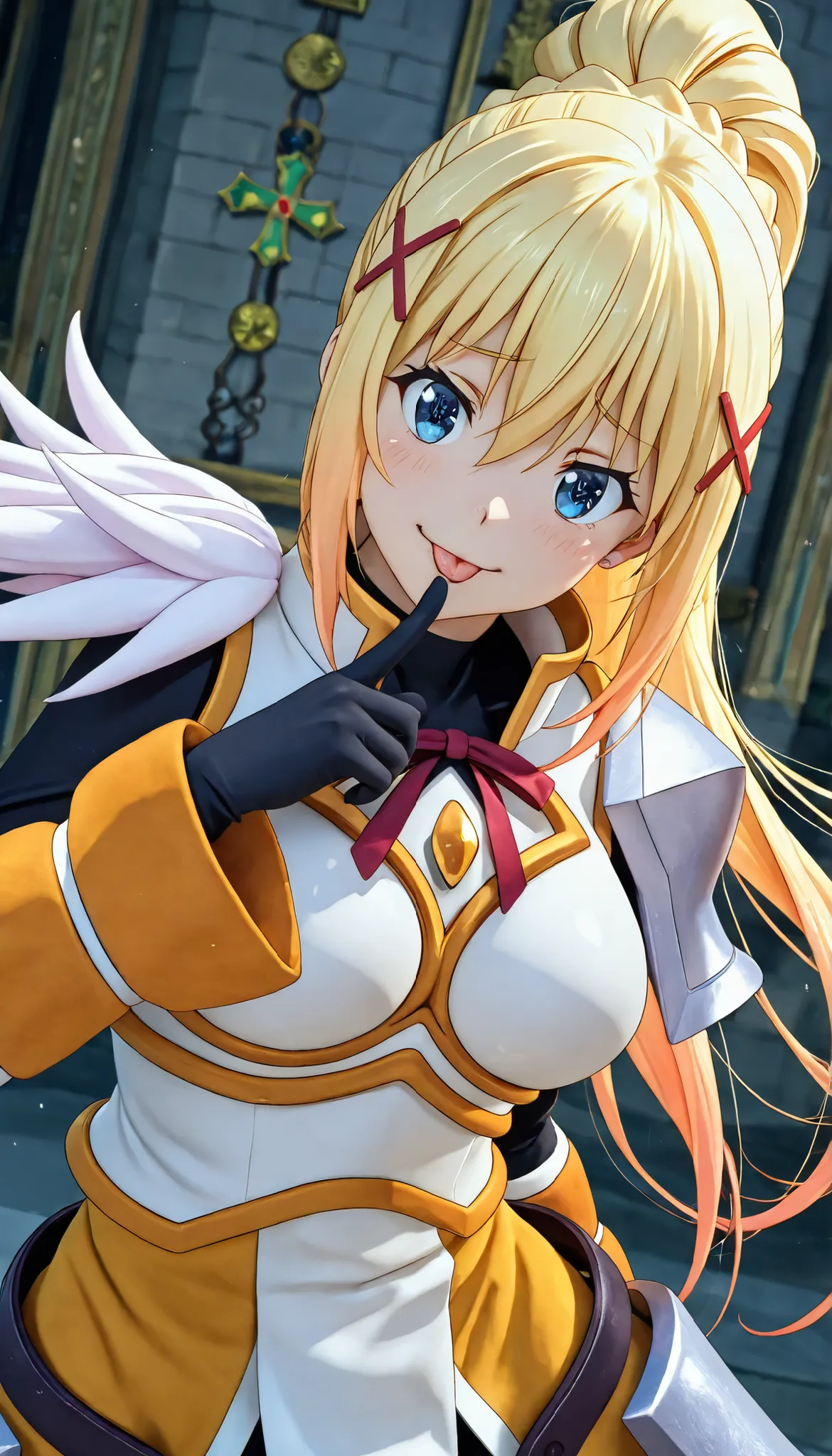 darkness de konosuba,An image of a young warrior with a radiant appearance and playful attitude. Her long, blond hair falls naturally, framing a mischievous and charming face. his eyes, of a light blue with golden reflections, they shine with mischief as s...