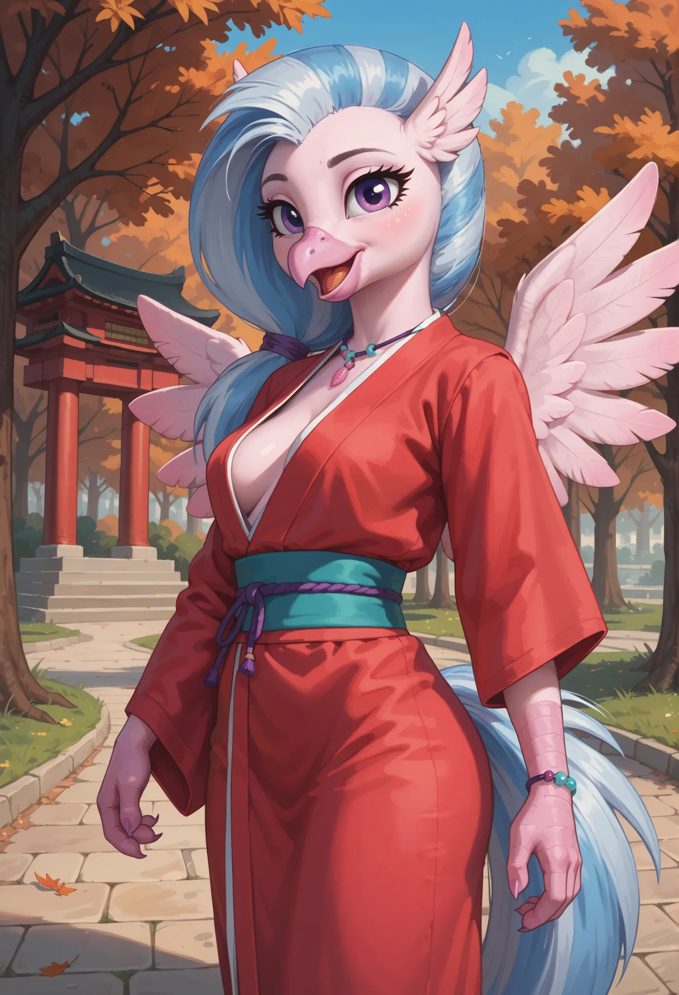 score_9, score_8_up, score_7_up, score_6_up, score_5_up, score_4_up, 1girl, Silverstream from my little pony, solo, (pink wings), violet beak, anthro, 30yo, pony, show accurate, middle breasts, wide hips, 4k, ultra detailed, focus eyes, happy, open mouth w...