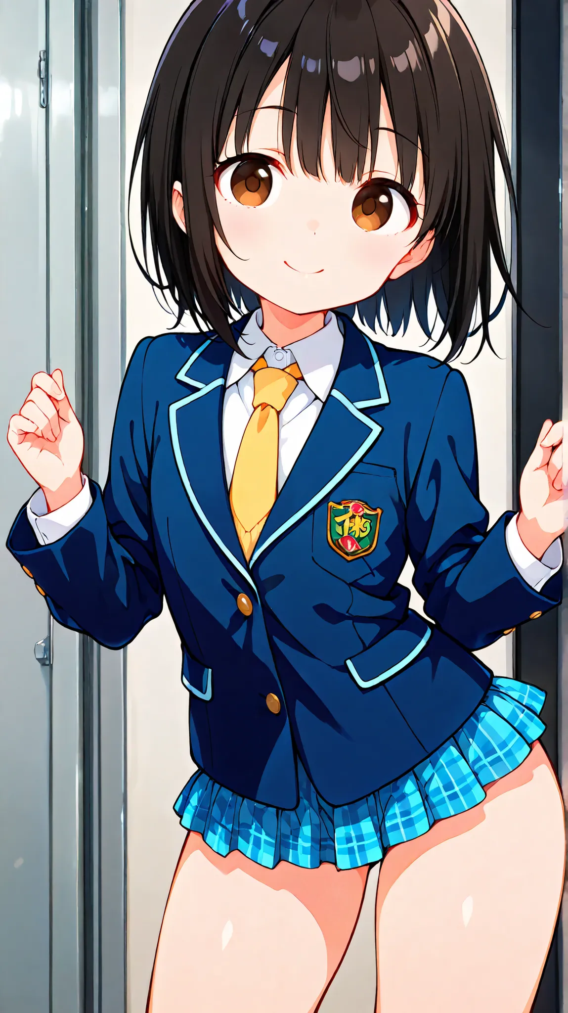 ,((anime style)),score_9, score_8_up, score_7_up,masterpiece, best quality,ultra detail,
,negishi masako ,1girl , ((solo)),
short hair,black hair ,long bangs,brown eyes,round eyes,(Flat Chest),
school uniform,(((blue blazer))),light blue checkered Pleated ...