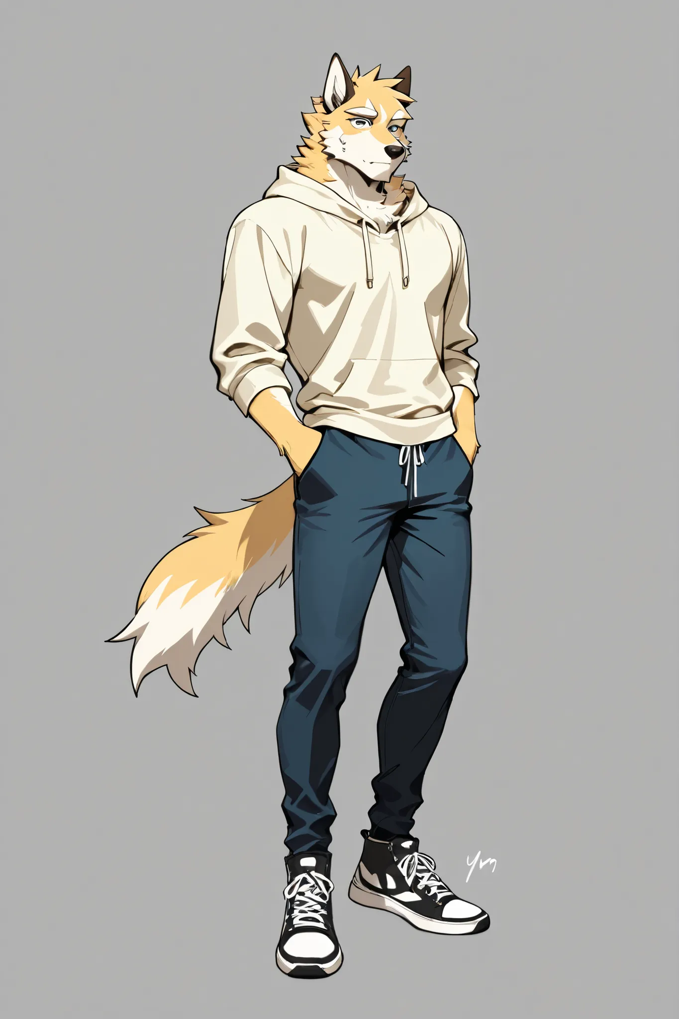 furry, Beast Man、skinny、狼 Beast Man、modern、Light-colored、 light yellow 、casual fashion man