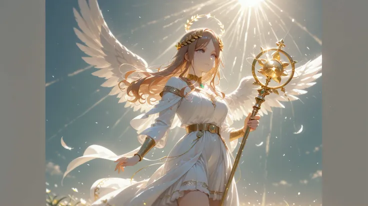 one girl,  is the side of the band :1.2, whole body ,nagasaki soyo, MyGO, long hair, flaxen hair , golden laurel wreath, white robe, Sexy clothing, gold jewelry floating in the air, Holding a staff,  short skirt, angel wings, sun rays
