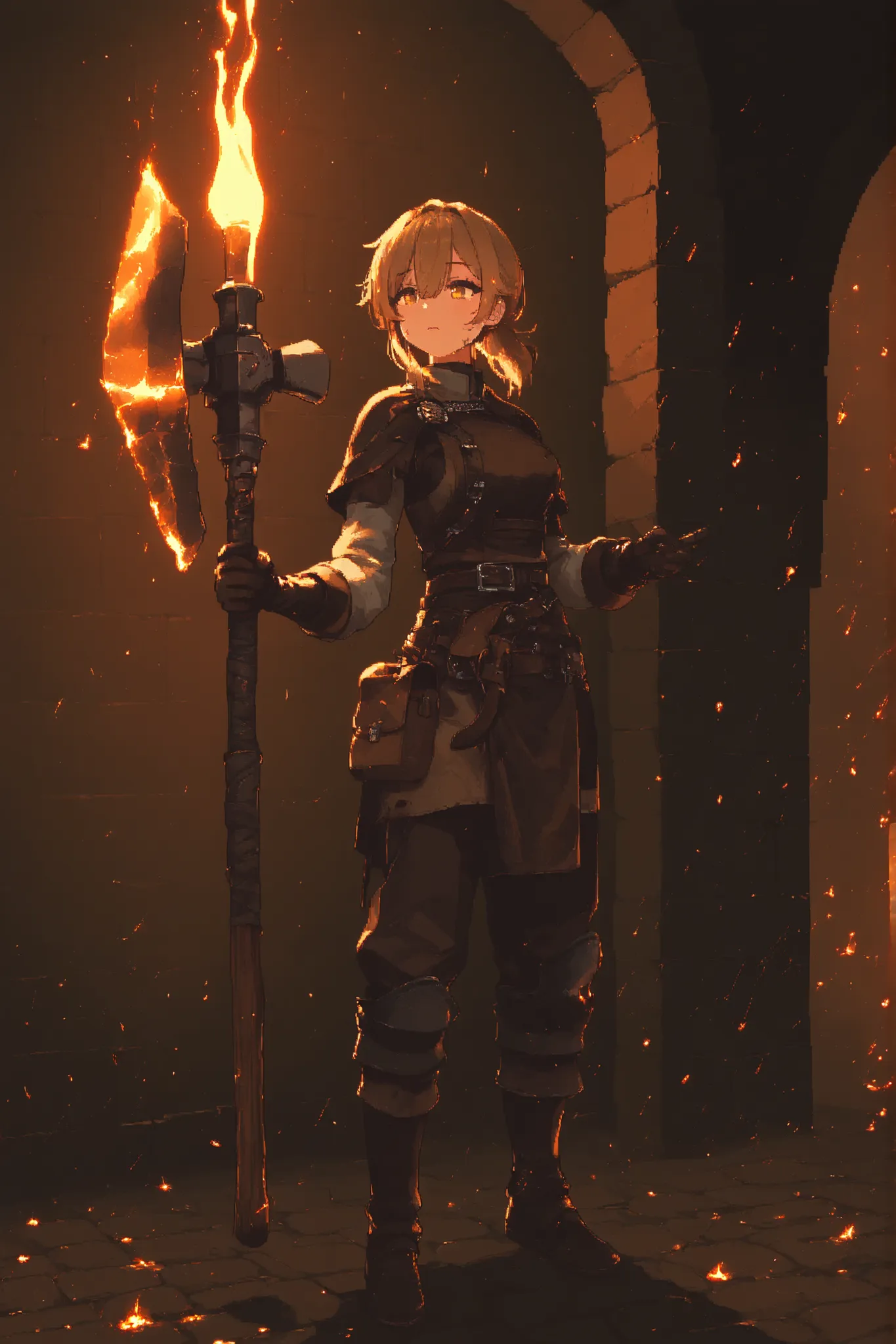 masterpiece , best quality , highest resolution, fantasy world,  1girl, standing in front of a medieval forge, blacksmith , rugged character with leather apron, gloves, and soot on their face, holding a glowing hammer just taken from the fire. The backgrou...