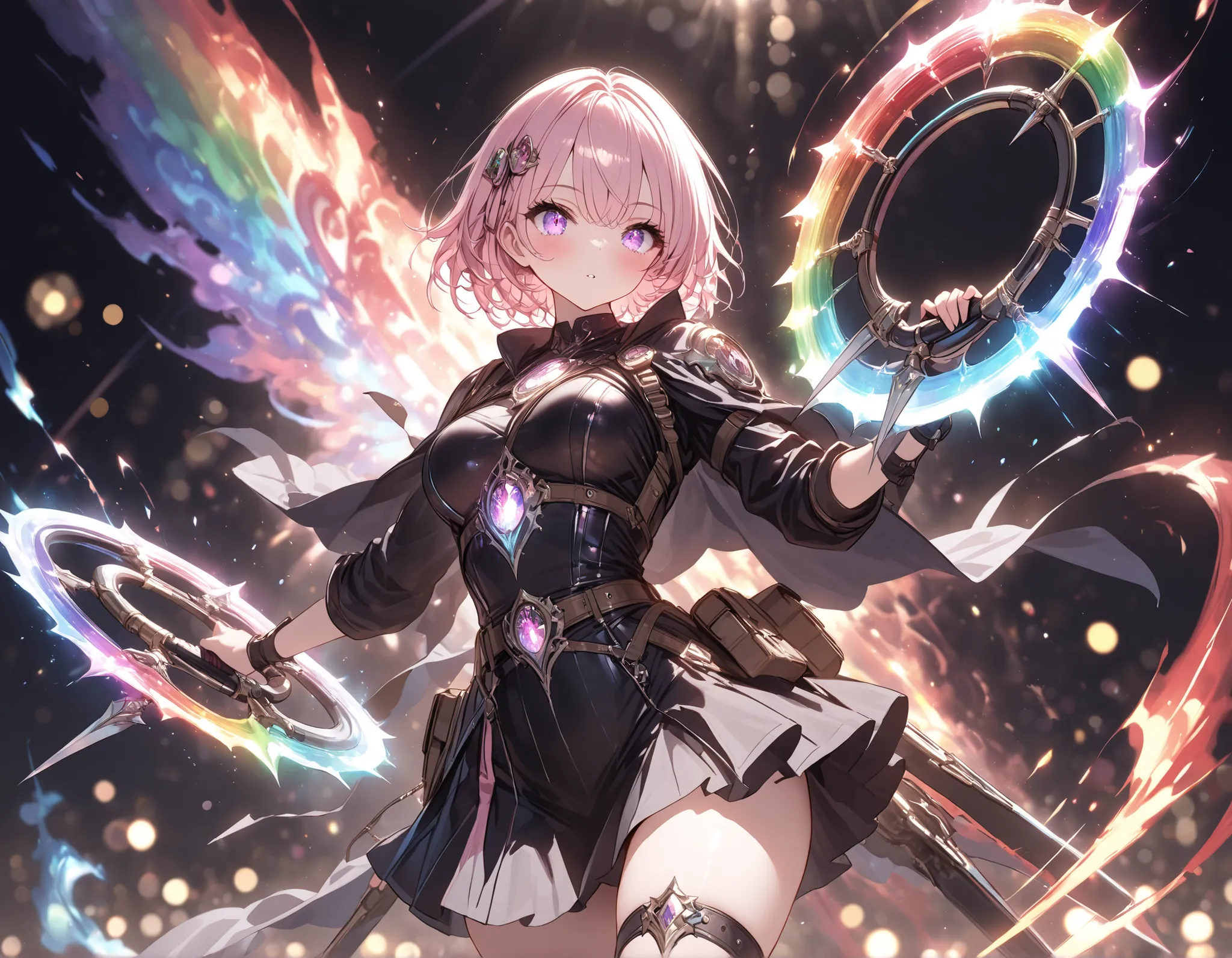 masterpiece, 8K, high resolution, 1 girl, violet eyes, light pink hair, short hair, cool, beautiful, medium breast, very cute, lovely, kawaii, (rare equipment), weapon focus, dual wielding, holding two windfire wheels, ((chakram, windfire wheels)), (rai...