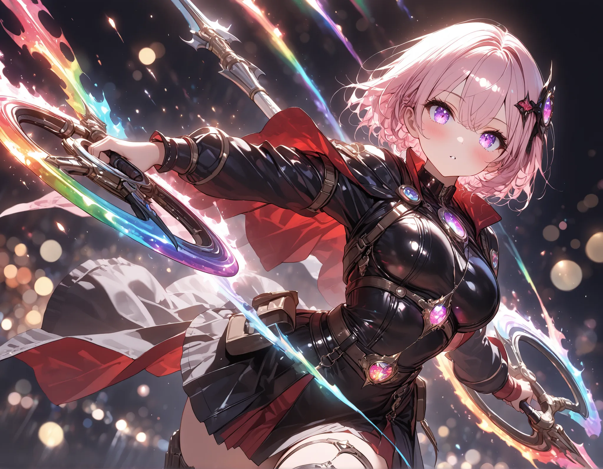 masterpiece, 8K, high resolution, 1 girl, violet eyes, light pink hair, short hair, cool, beautiful, medium breast, very cute, lovely, kawaii, (rare equipment), weapon focus, dual wielding, holding two windfire wheels, ((chakram, windfire wheels)), (rai...
