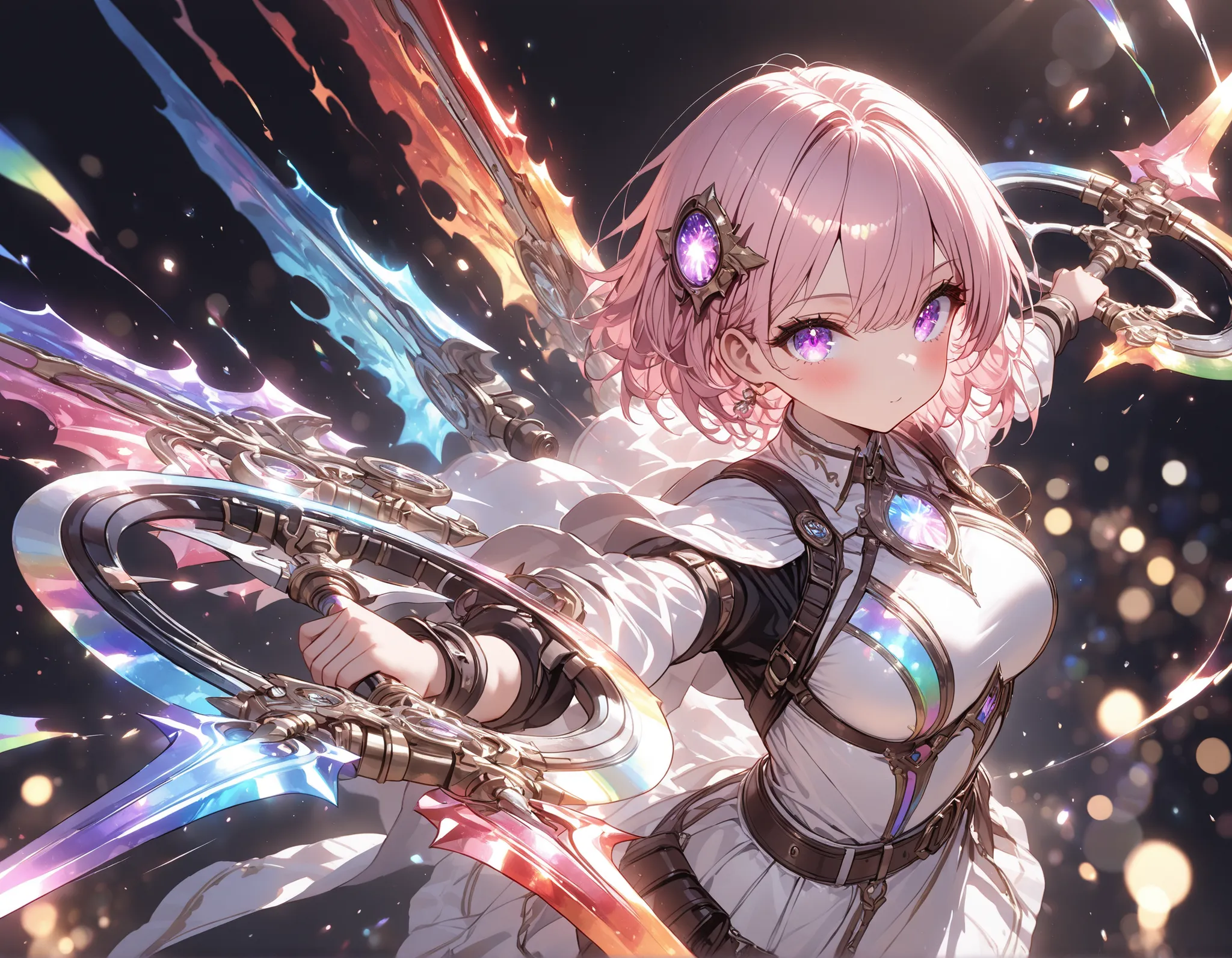 masterpiece, 8K, high resolution, 1 girl, violet eyes, light pink hair, short hair, cool, beautiful, medium breast, very cute, lovely, kawaii, (rare equipment), weapon focus, dual wielding, holding two windfire wheels, ((chakram, windfire wheels)), (rai...