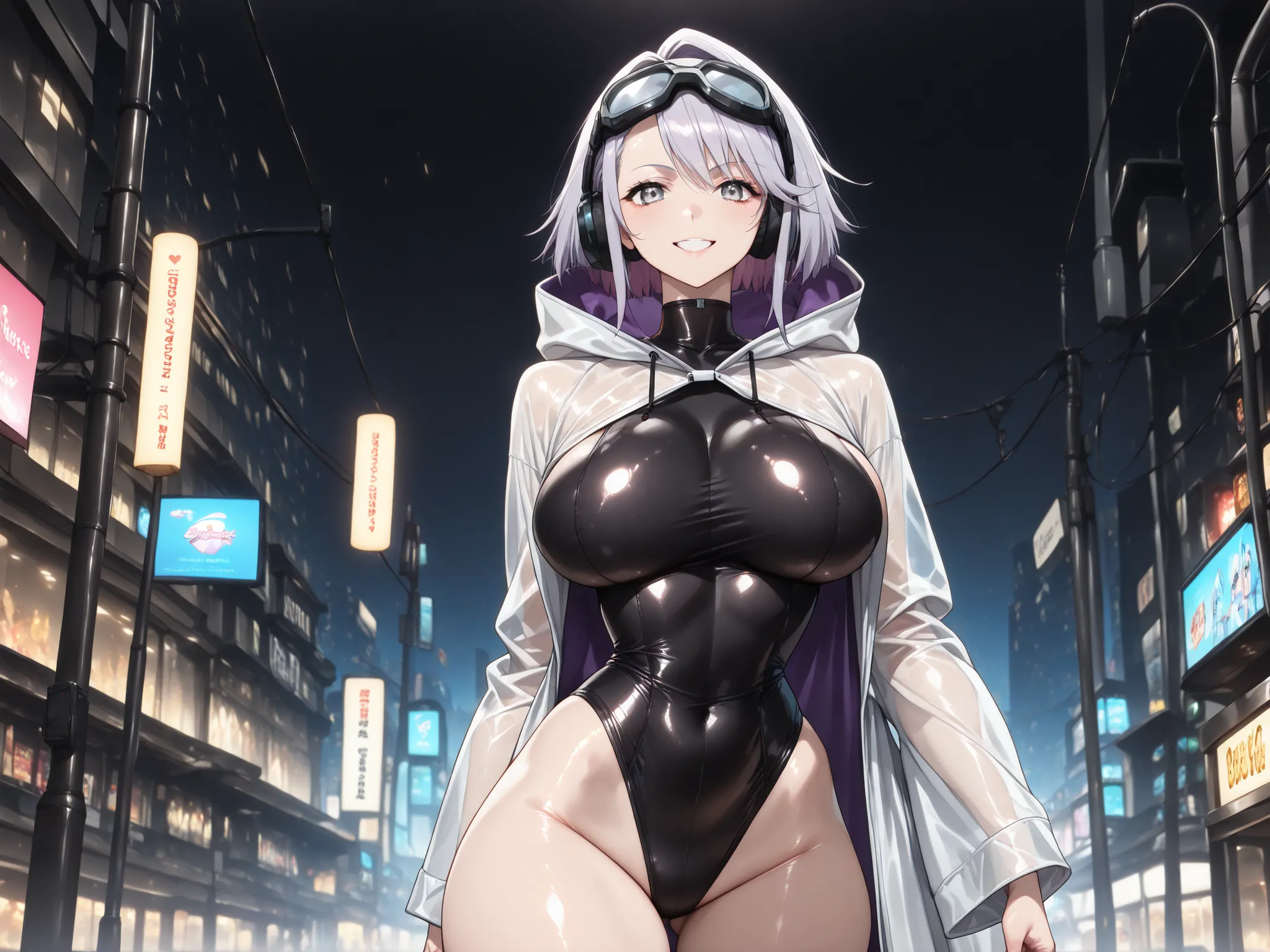 silver eyes、smile、(Very Long Silver Hair、goggles、Cyberpunk style、street style with black and purple hair、Techwear、headphones) 、((raincoat、very big breasts))、anime style、high image quality、high quality、1girl、sexy、NSFW、Dark Core、cowboy shot