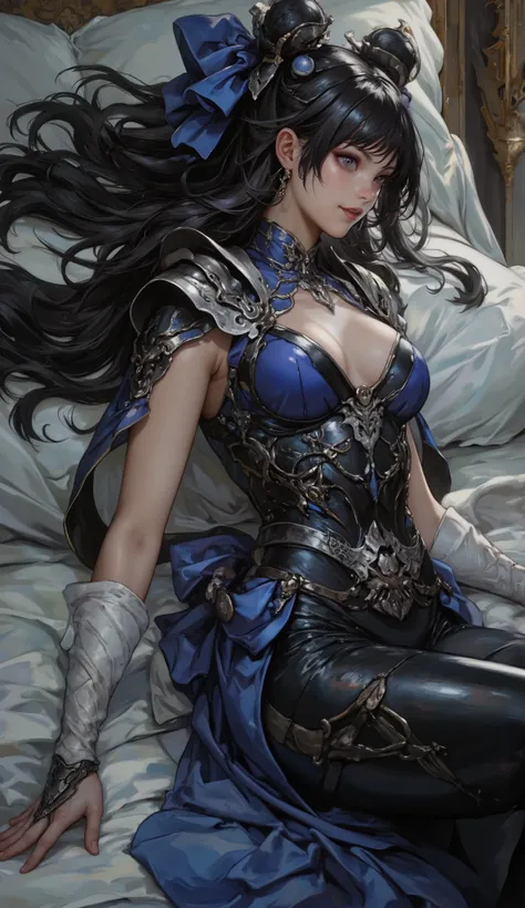 masterpiece, best quality, ultra-detailed, (stunningly beautiful woman:1.3) with (lustrous long black hair:1.2) and (wispy scattered bangs:1.1), (exquisite symmetrical face:1.2), piercing (cold arrogant gaze:1.2), (athletic fit physique:1.1), (flawless ala...