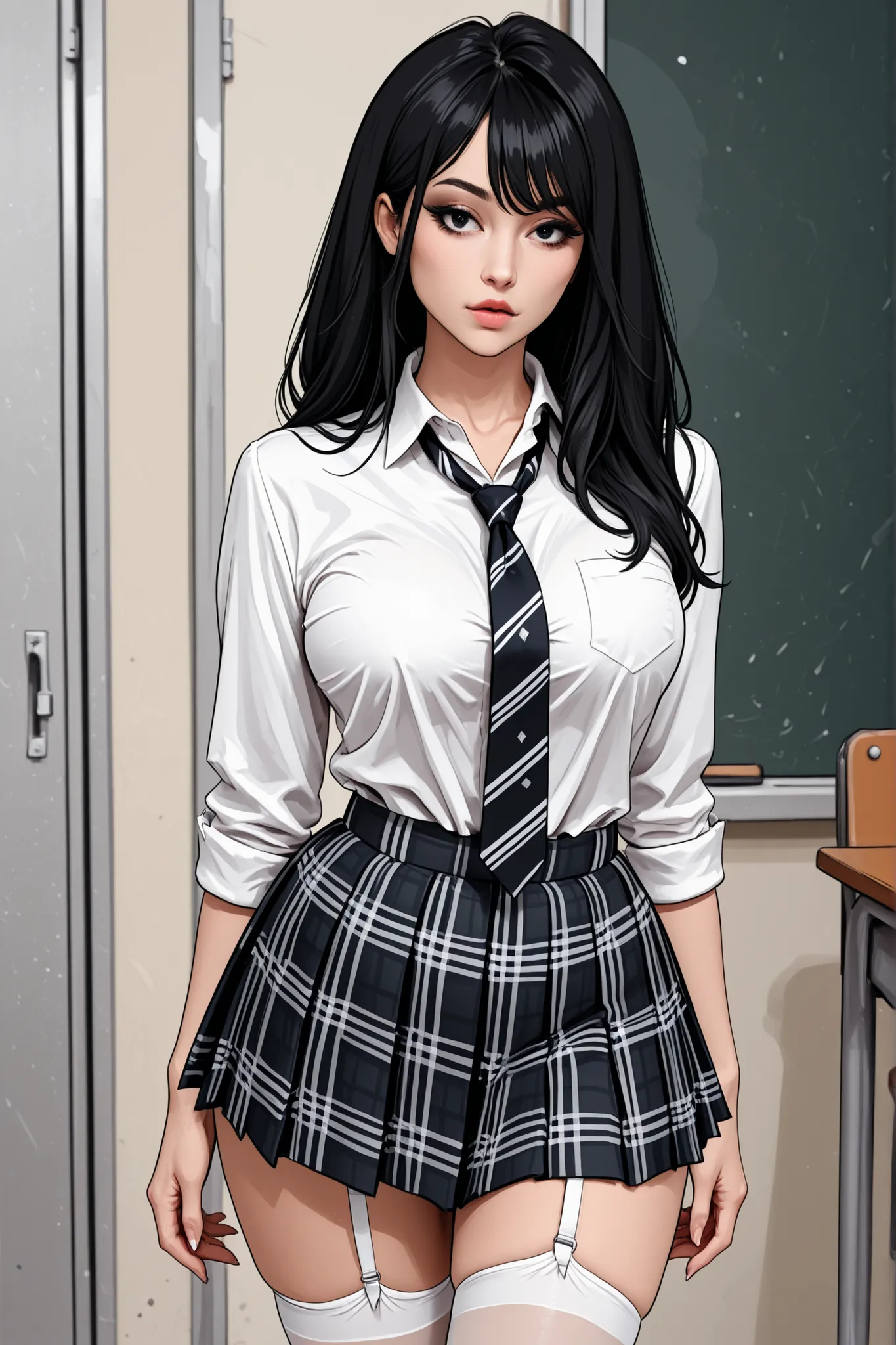 25 year woman, cosplay, school girl, white stockings, plaid skirt, white shirt, tie, black hair, standing