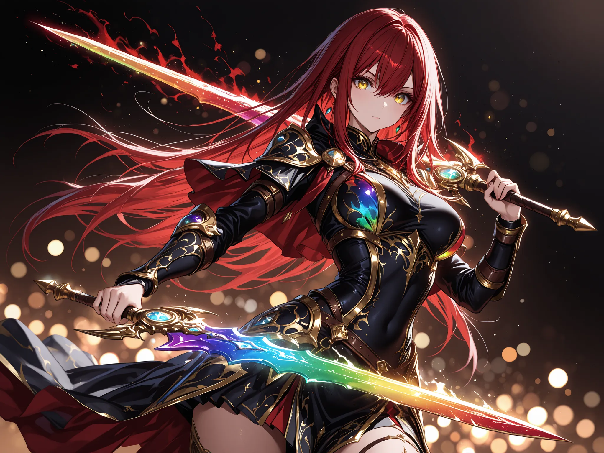 masterpiece, 8K, high resolution, 1girl, golden eyes, red hair, very long hair, straight hair, long sidelocks, hair between eyes, medium breasts,, (rare equipment), holding two magic dagger, rainbow glassblade, glowing weapon, very detailed decorated w...