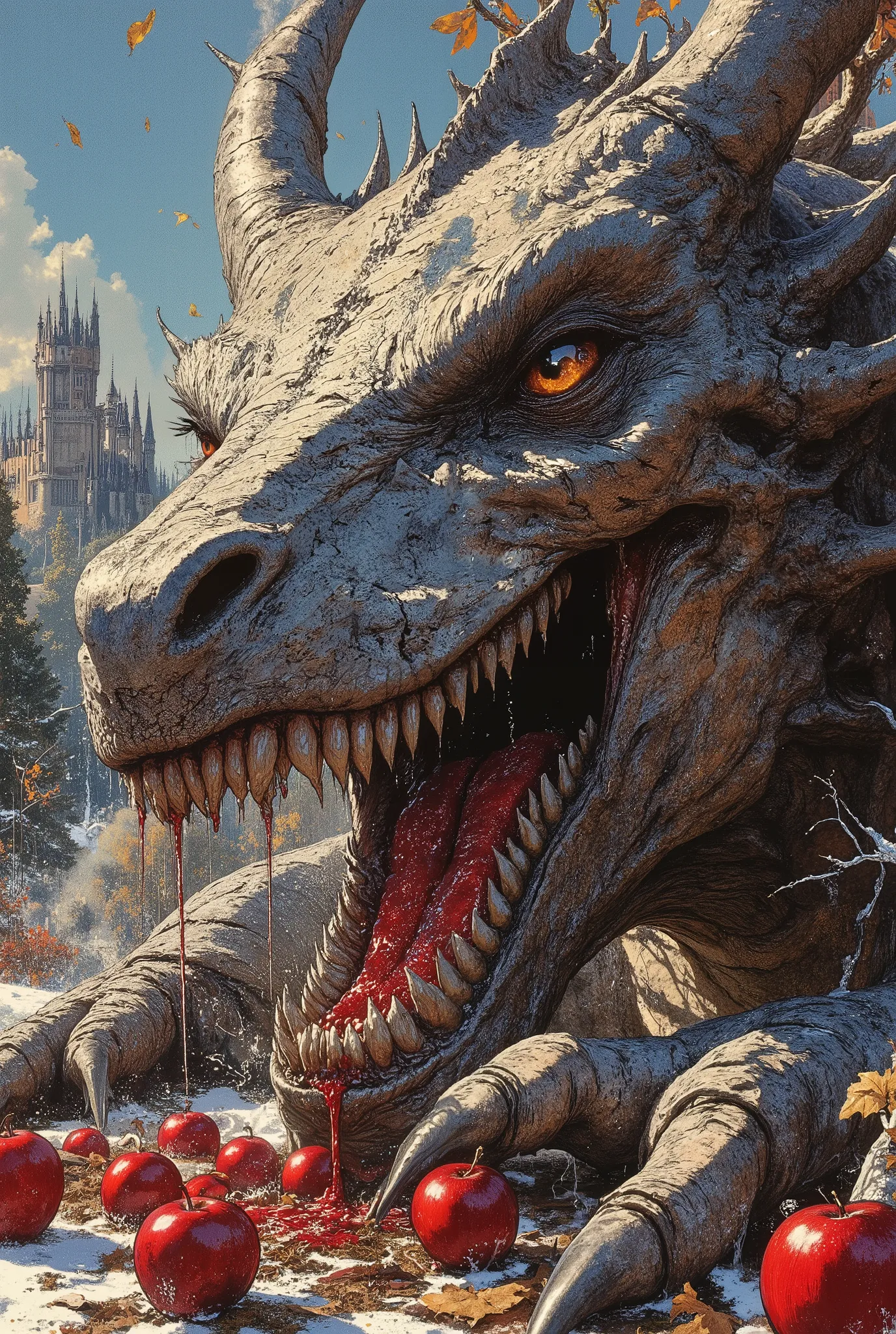 mythp0rt, ArsMJStyle, FFAIM, impressionism, style is detailed and epic,A low angle looking vertically up at the full—length figure of the huge final antagonist - a huge, terrifyingly beautiful fantastic dragon covered with iridescent mirrored holographic s...