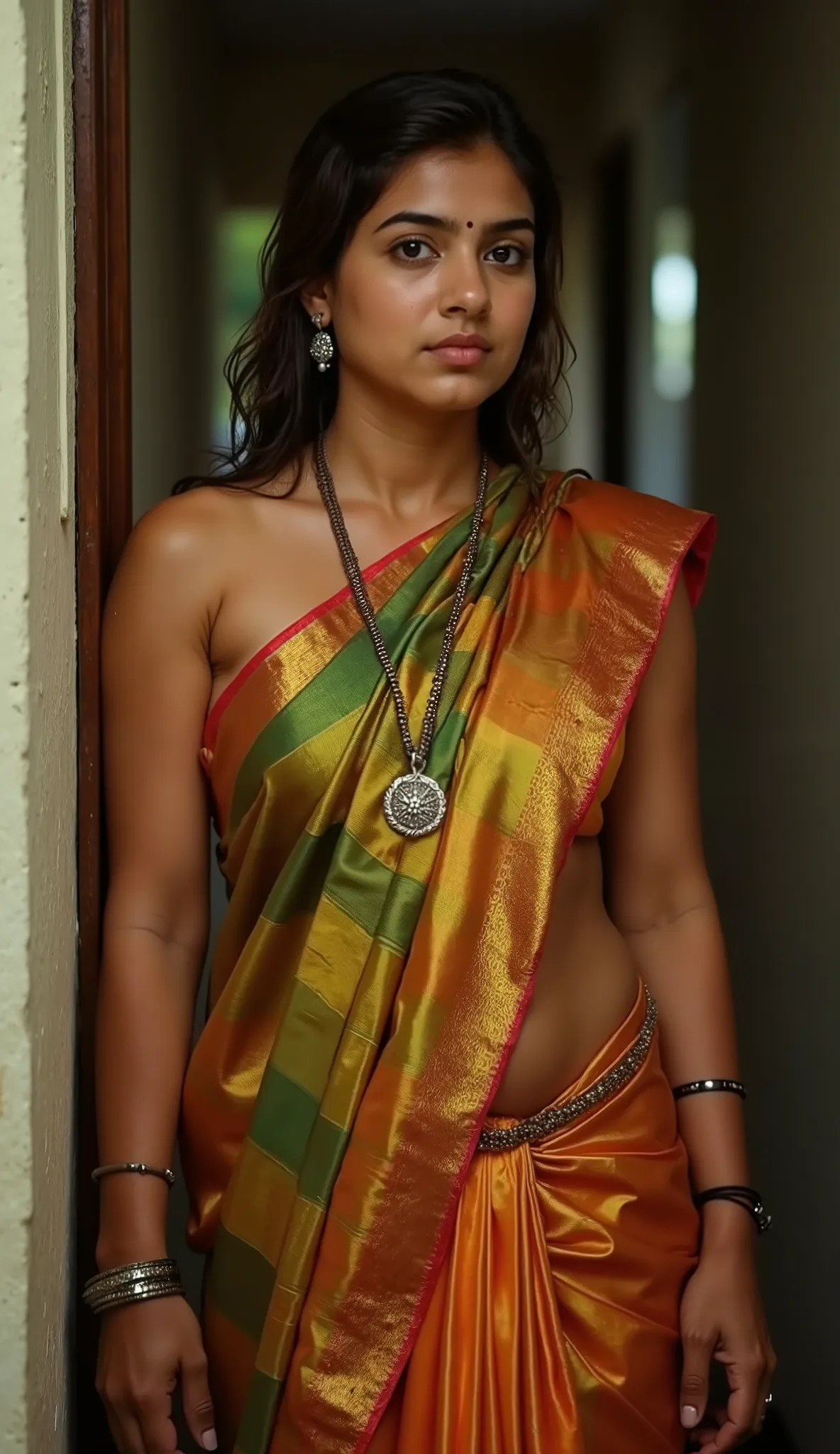 Beautiful looking Induan aunty 0,  brunette hair, big , toned athletic body, wearing saree in clumsy way, no blouse, ancient way of wearing saree. Old indian traditional way, nio slip, wet sareee, top quality skin, top quality photography, professional pho...