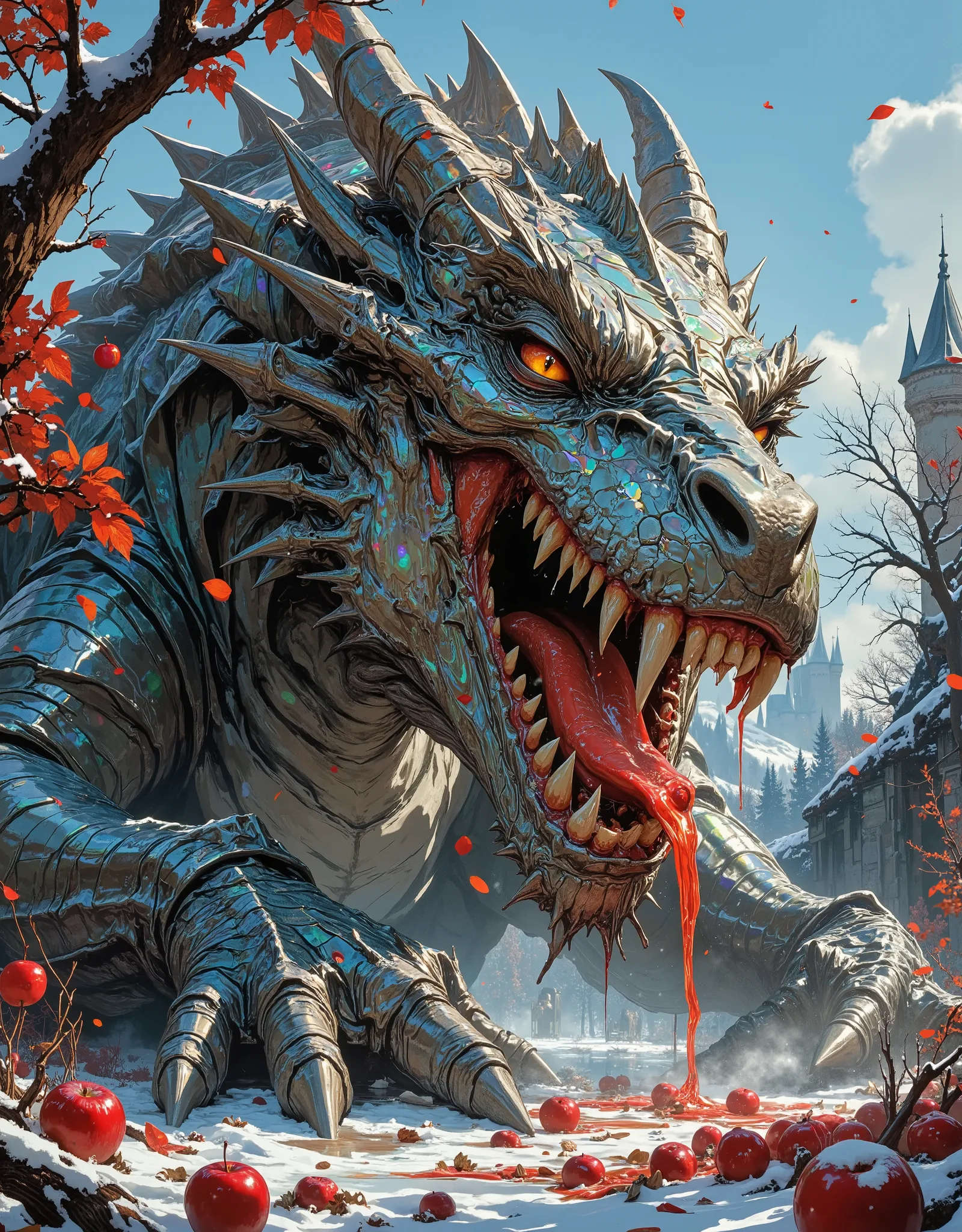 
Style живописи детальный и эпический.  Dynamic frame .  The middle of the .  at a low angle , huge figure, A terrifyingly beautiful fantastic dragon seen vertically, covered with iridescent mirrored holographic scales, that shine brightly in the sun. He i...