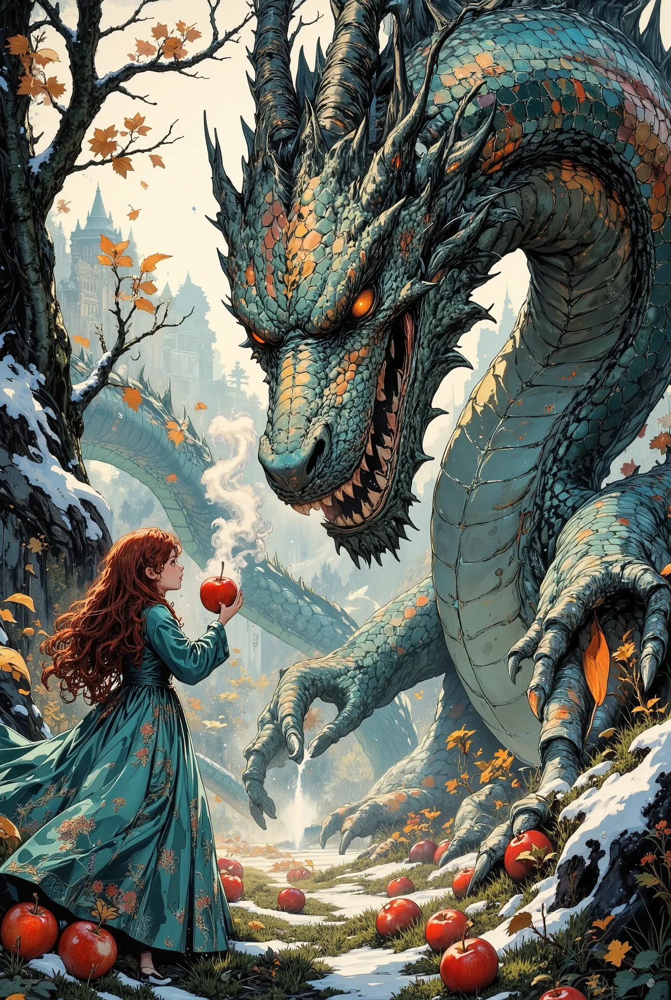 In the heart of a dark old garden, where ancient, moss-covered apple trees stand like silent guardians, a girl with long red curly hair peacefully feeds red apples to a huge terrifyingly beautiful fantastic dragon covered with rainbow scales, shimmering in...