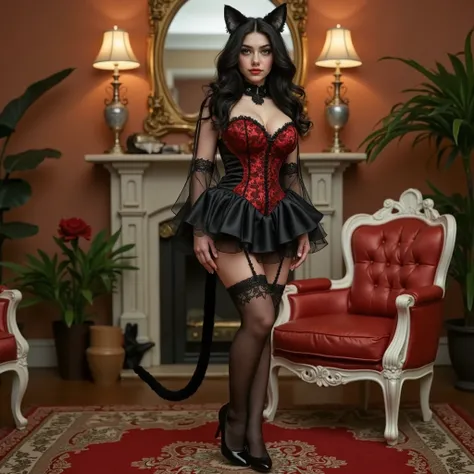 In an old Victorian mansion in the parlor opulently adorned in fine furnishings 1catgirl (((head to feetin view 1.9))) standing poised in greeting (Katrina "Kitty" Kattz) ((Lascivious_Sex_Kitten adorable gorgeous elegant 1)) (French Italian 1) (21 years ol...