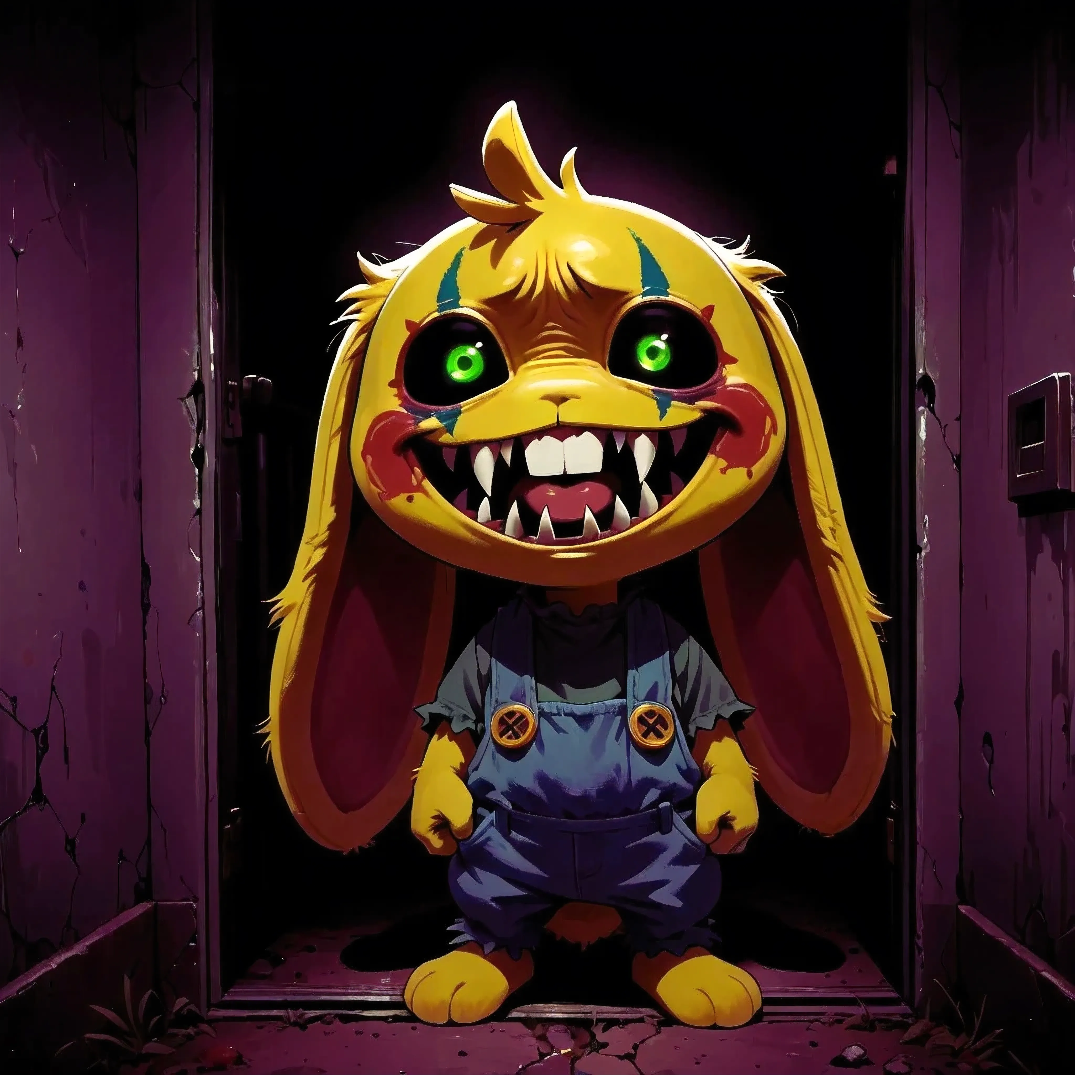 [Bunzo - Poppy's Play-Time] [Post-Project] [Model-Testing*] - masterpiece, best quality, 2D, simple, animal focus, solo, unisex, chibi, standing, menacing, bunzo, rabbit, tail, floppy ears, fur, teeth, eyes, sharp fang, makeup, wearing clothed, (horror_sce...
