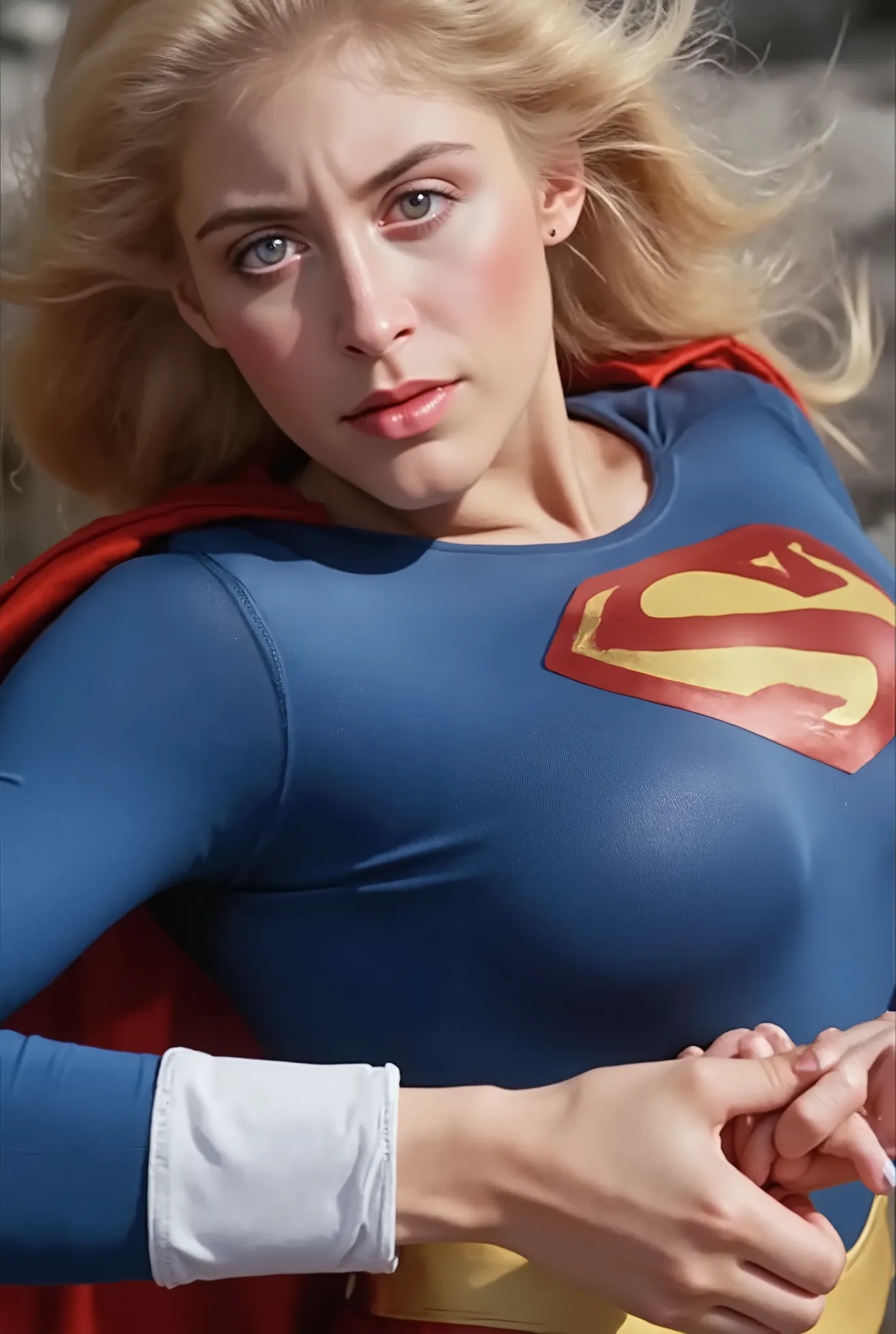 (sexy and lovely beauty with long blonde hair with blue eyes Helen Slater, she is wearing a long-sleeved blue crop top, In the chest "S" emblem、Gold trim on sleeves, short pleated red skirt and gold supergirl belt, tall red boots with gold trim , and a lon...