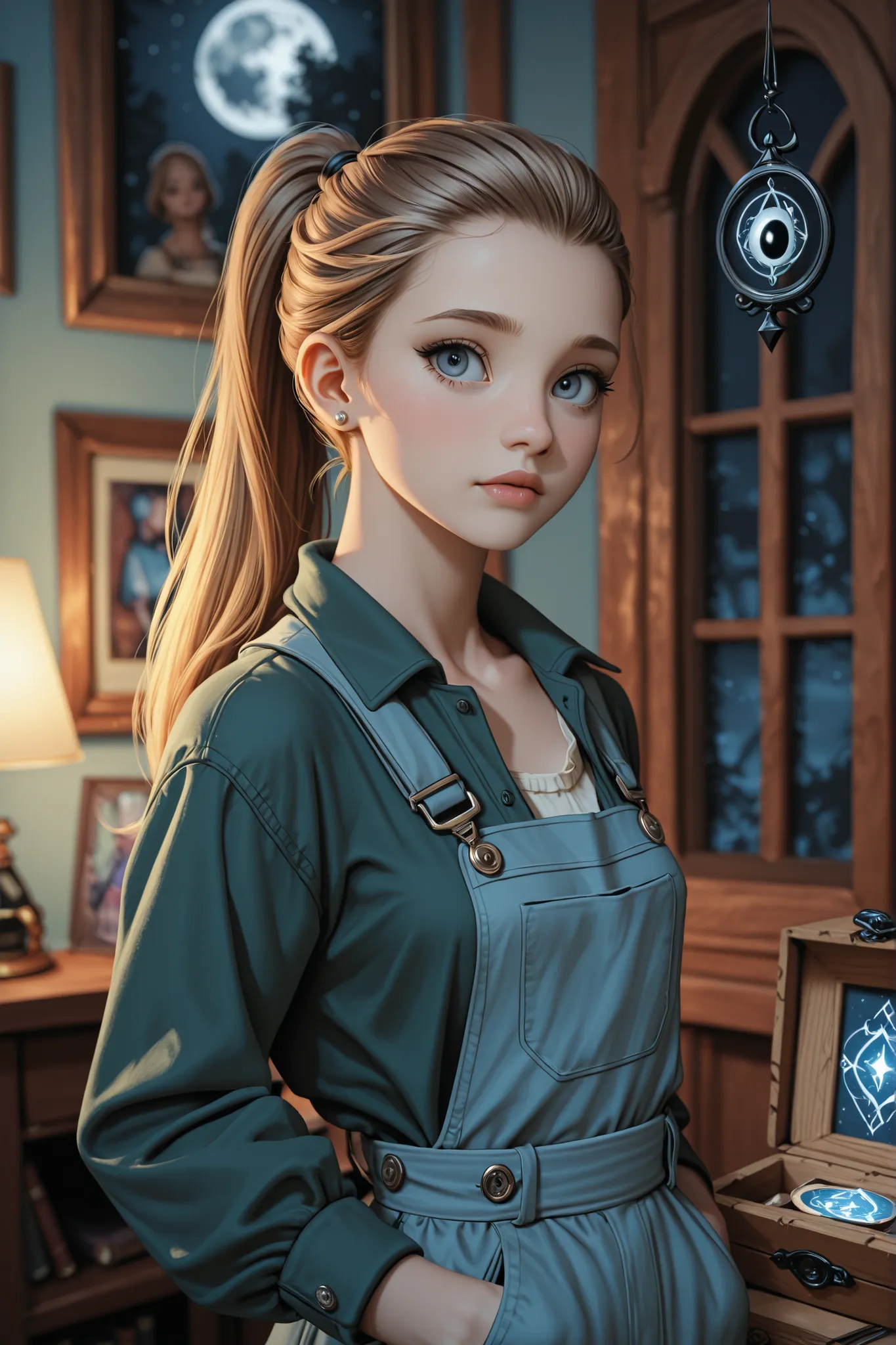 Book cover: A portrait of Alice, a young woman with long, wavy, light brown hair pulled back in a simple ponytail. She has tired, grey-blue eyes with dark circles underneath, but there's a spark of curiosity and determination in them. Her hands are partial...