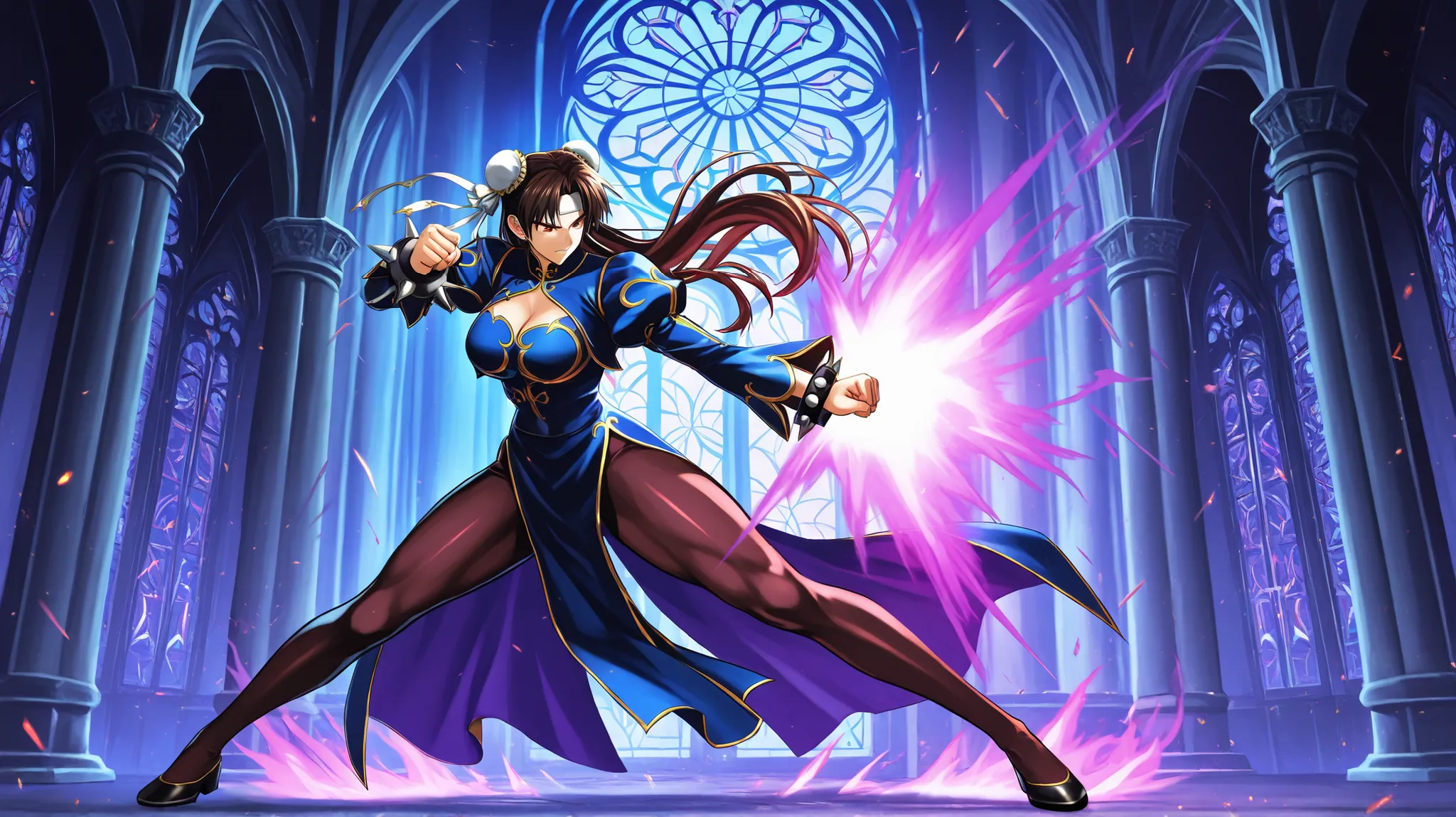 Kyo Kusanagi and Chun-Li in a dramatic anime battle scene, positioned like Morrigan and Sol in a gothic cathedral with glowing stained-glass windows behind them. Kyo is on the right, mid-leap, fist ignited with flames, his long jacket flaring behind him, i...