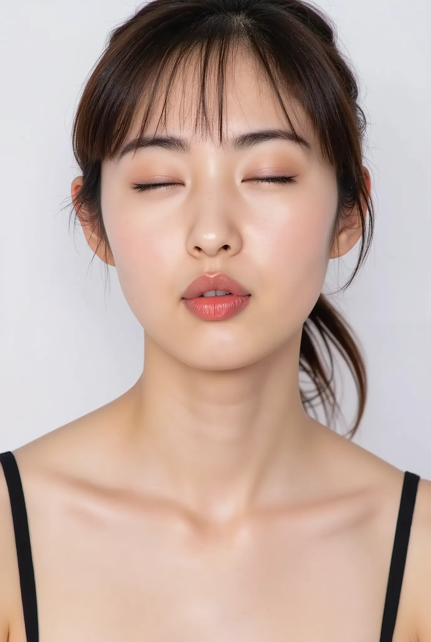 Japanese girl, exaggerated puckered lips, sharply pursed, heart-shaped glossy lips, lips pushed forward, eyes closed, deredere smile with soft flushed cheeks, black camisole, visible from collarbone up, looking up slightly. Camera angle: 35° above, frontal...