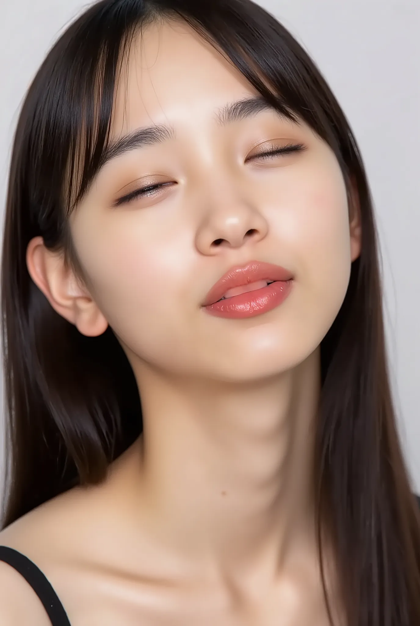 Japanese girl, exaggerated puckered lips, sharply pursed, heart-shaped glossy lips, lips pushed forward, eyes closed, deredere smile with soft flushed cheeks, black camisole, visible from collarbone up, looking up slightly. Camera angle: 35° above, frontal...