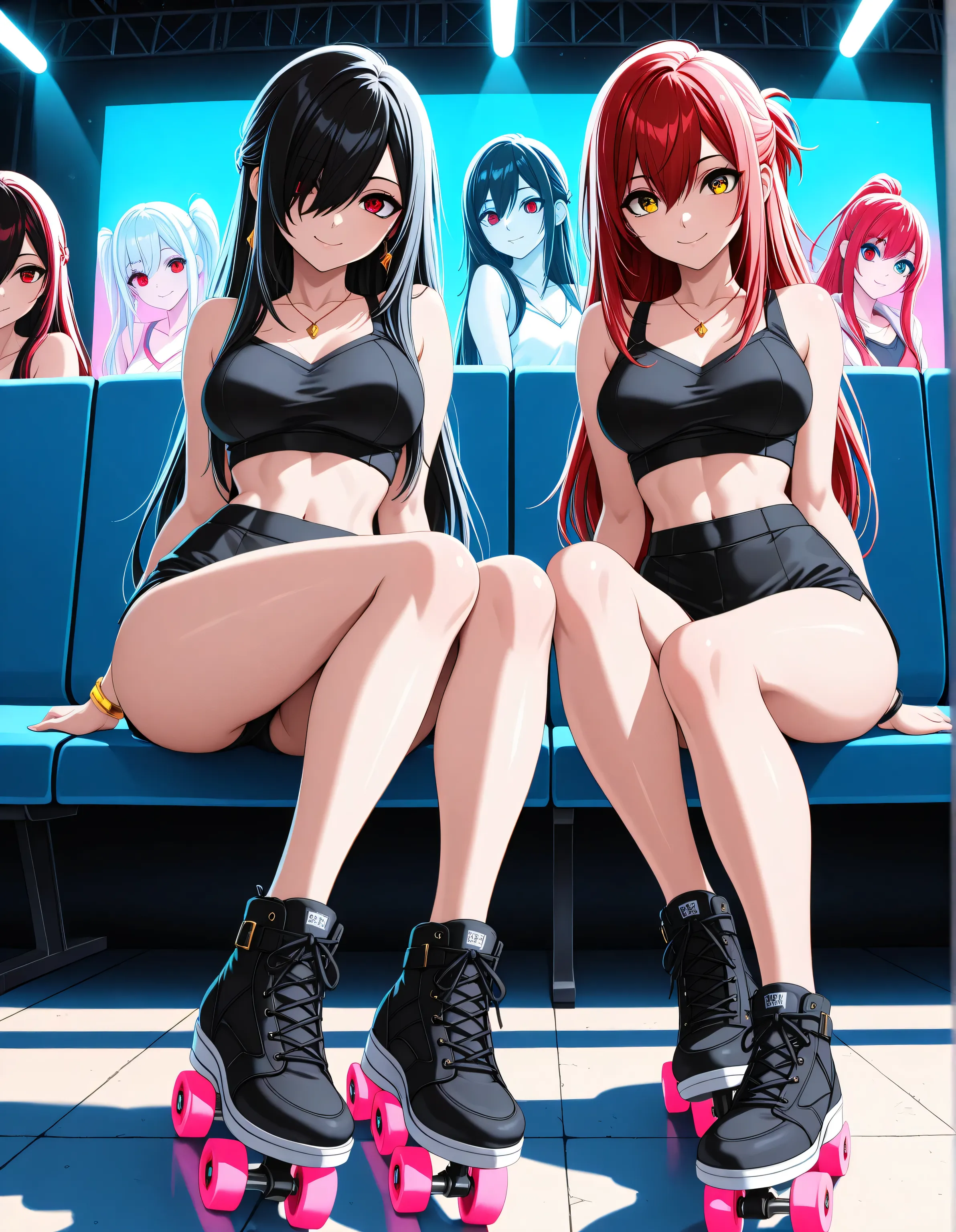 (only 2girls),duo focus, multiple girls, sitting side by side,sitting in a skate park, sunny day, Composition, foreshortening, positioning, pose, improved pose, body composition, facial expression, expression, sitting, simple y2k fashion, simple clothes, a...