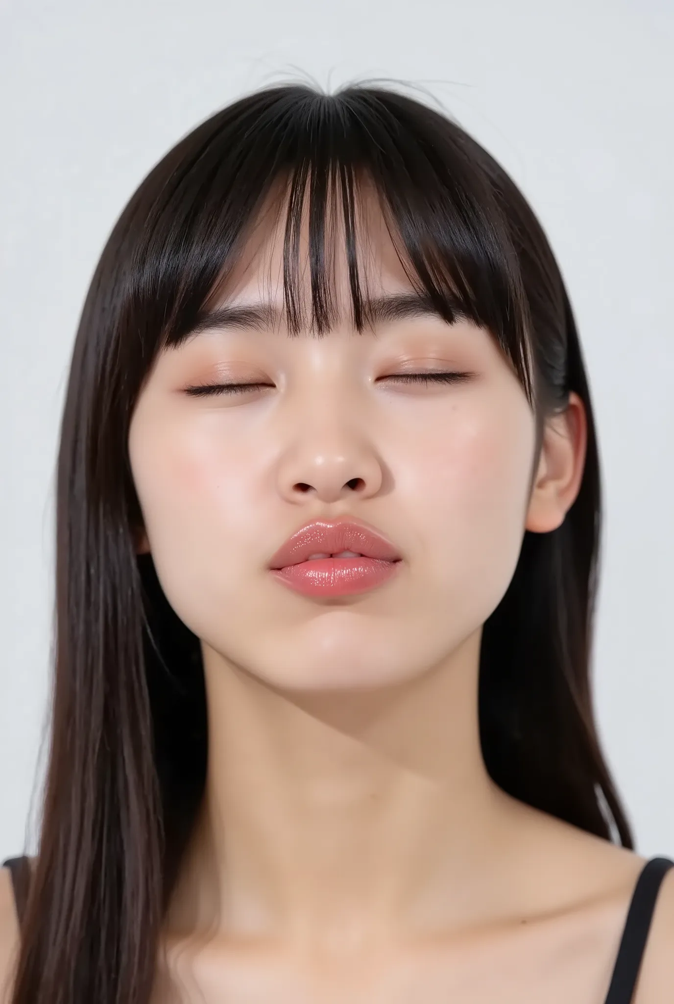 Japanese girl, exaggerated puckered lips, sharply pursed, heart-shaped glossy lips, lips pushed forward, eyes closed, deredere smile with soft flushed cheeks, black camisole, visible from collarbone up, looking up slightly. Camera angle: 35° above, frontal...