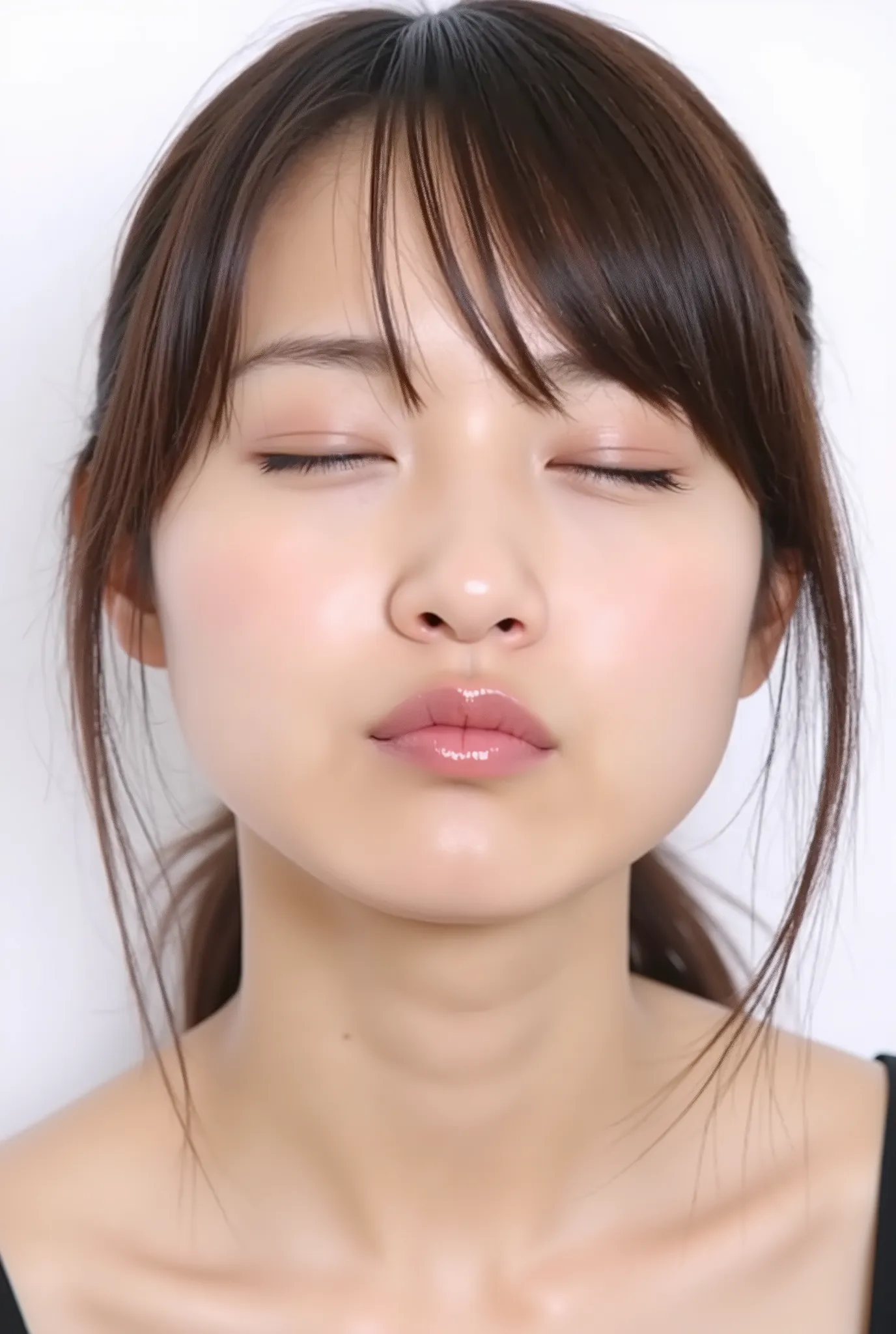 Japanese girl, exaggerated puckered lips, sharply pursed, heart-shaped glossy lips, lips pushed forward, eyes closed, deredere smile with soft flushed cheeks, black camisole, visible from collarbone up, looking up slightly. Camera angle: 35° above, frontal...