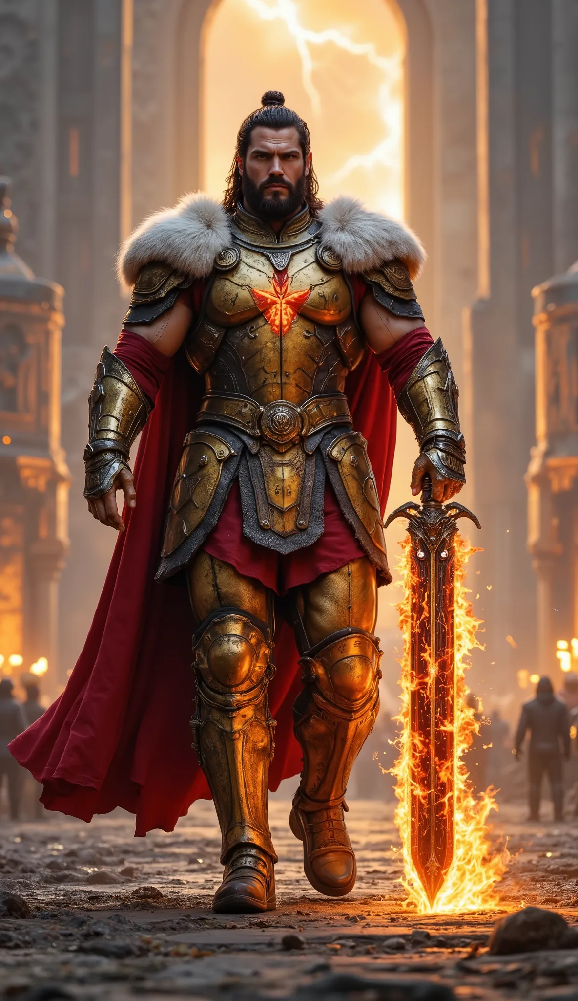 Henry Cavill reimagined as a majestic god Tyr, walking and holding a colossal flaming greatsword forged from celestial steel, oathfire, and the molten core of a fallen star, 1 male, full body, towering with a herculean build, sculpted muscle and overwhelmi...