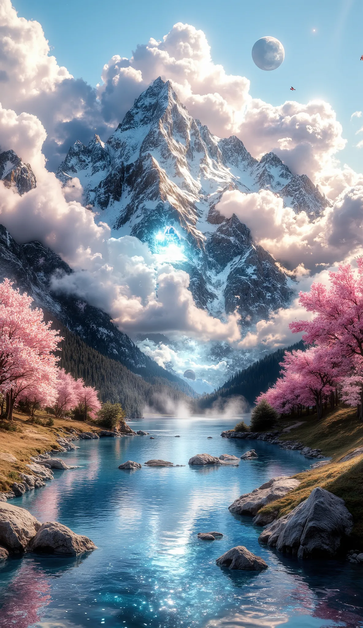 Masterpiece, a very beautiful dimensional portal, A large ocean, a large cherry blossom forest, many clouds everywhere, a planet in the sky and stars, un portal dimensional muy detailed, beautiful cherry blossom forest in stunning color, clouds all over th...
