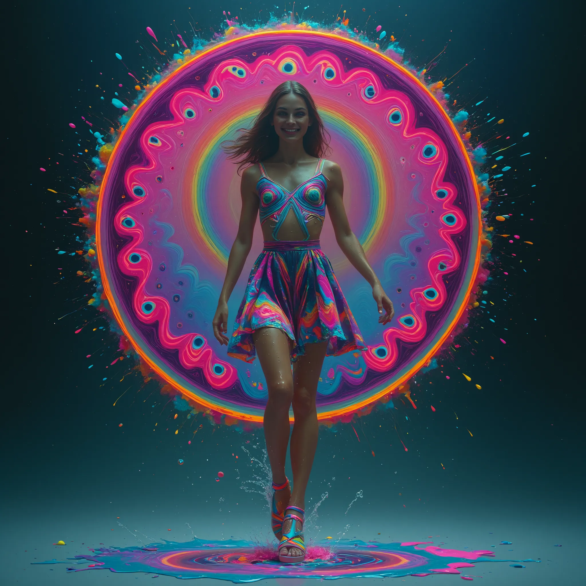 Glow in the LIGHT,Paint splashing,Captivating psychedelic surreal neon amazing universe beautiful gorgeous women in a bright colorful neon light,Mark Reiden、daniel merriam、Bright neon colors in the style of Frank Frazetta and Boris Vallejo, jump、fashion cl...