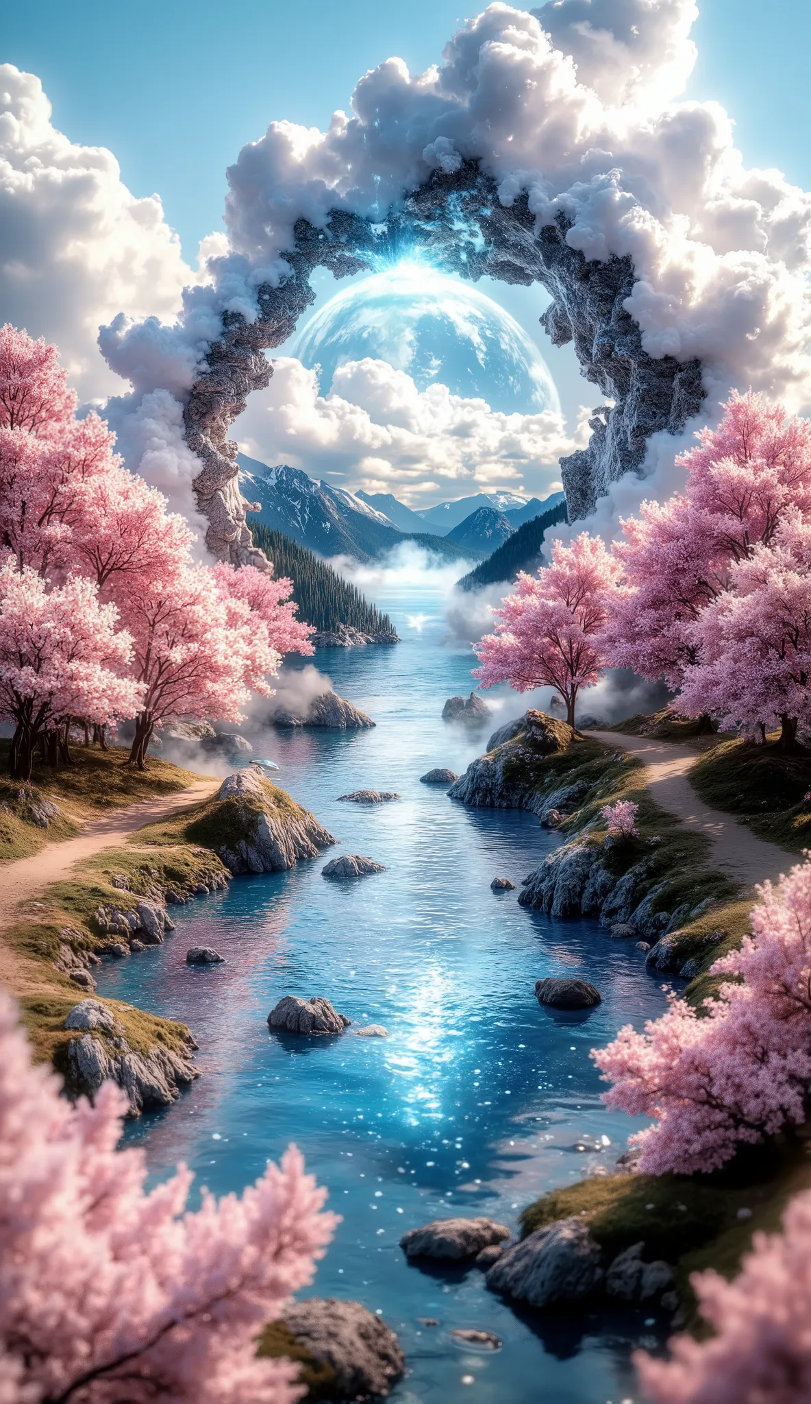 Masterpiece, a very beautiful dimensional portal, A large ocean, a large cherry blossom forest, many clouds everywhere, a planet in the sky and stars, un portal dimensional muy detailed, beautiful cherry blossom forest in stunning color, clouds all over th...