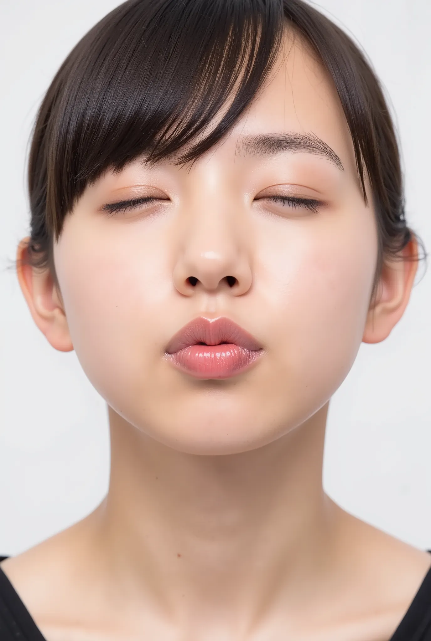Japanese girl, exaggerated puckered lips, sharply pursed, heart-shaped glossy lips, lips pushed forward, eyes closed, deredere smile with soft flushed cheeks, black camisole, visible from collarbone up, looking up slightly. Camera angle: 35° above, frontal...