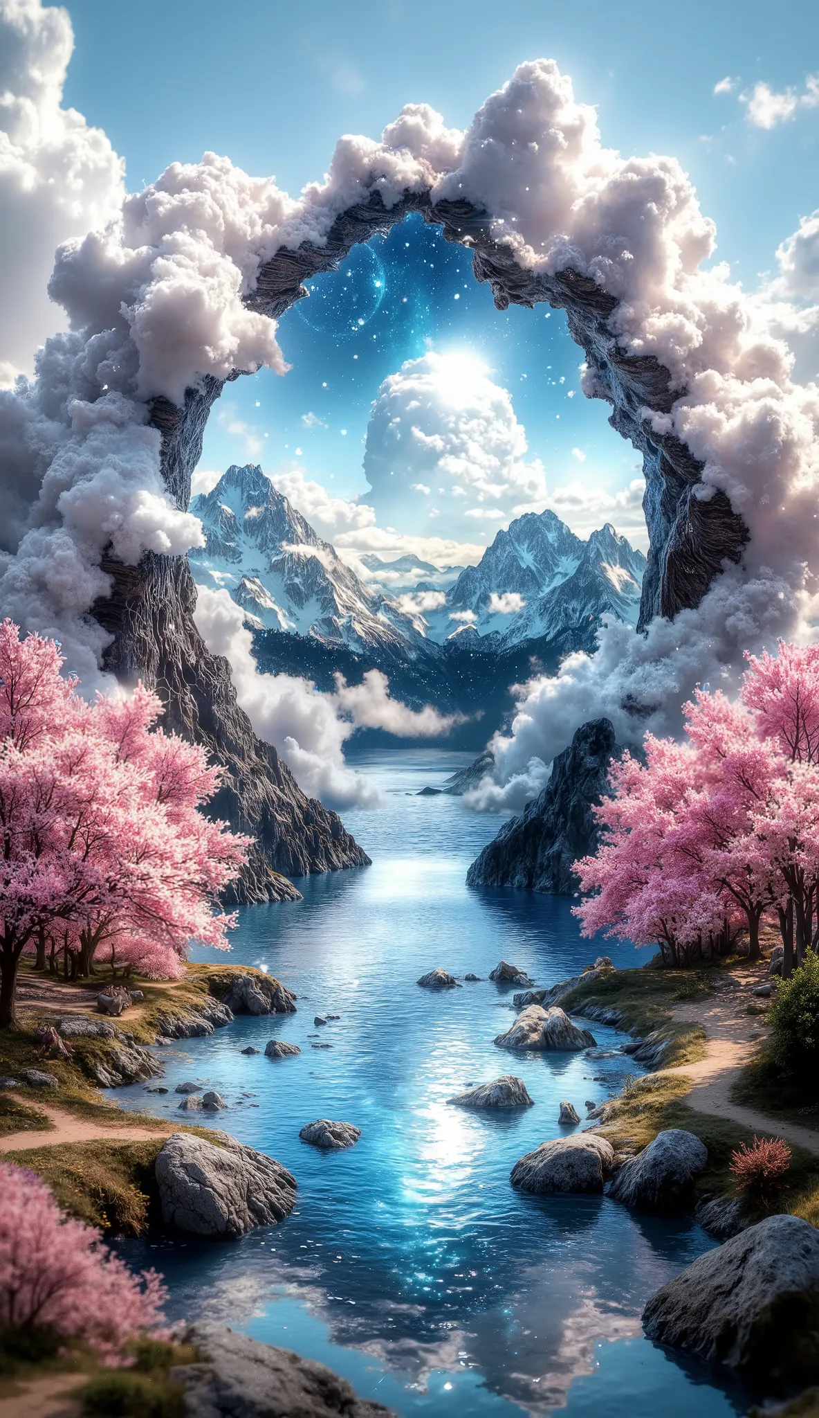 Masterpiece, a very beautiful dimensional portal, A large ocean, a large cherry blossom forest, many clouds everywhere, a planet in the sky and stars, un portal dimensional muy detailed, beautiful cherry blossom forest in stunning color, clouds all over th...