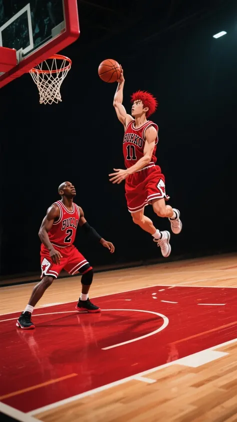 sakuragi hanamichi is red hair guy ,play basketball in NBA, with mikel jordan, Cicago bulls, slum dunk, flash light,