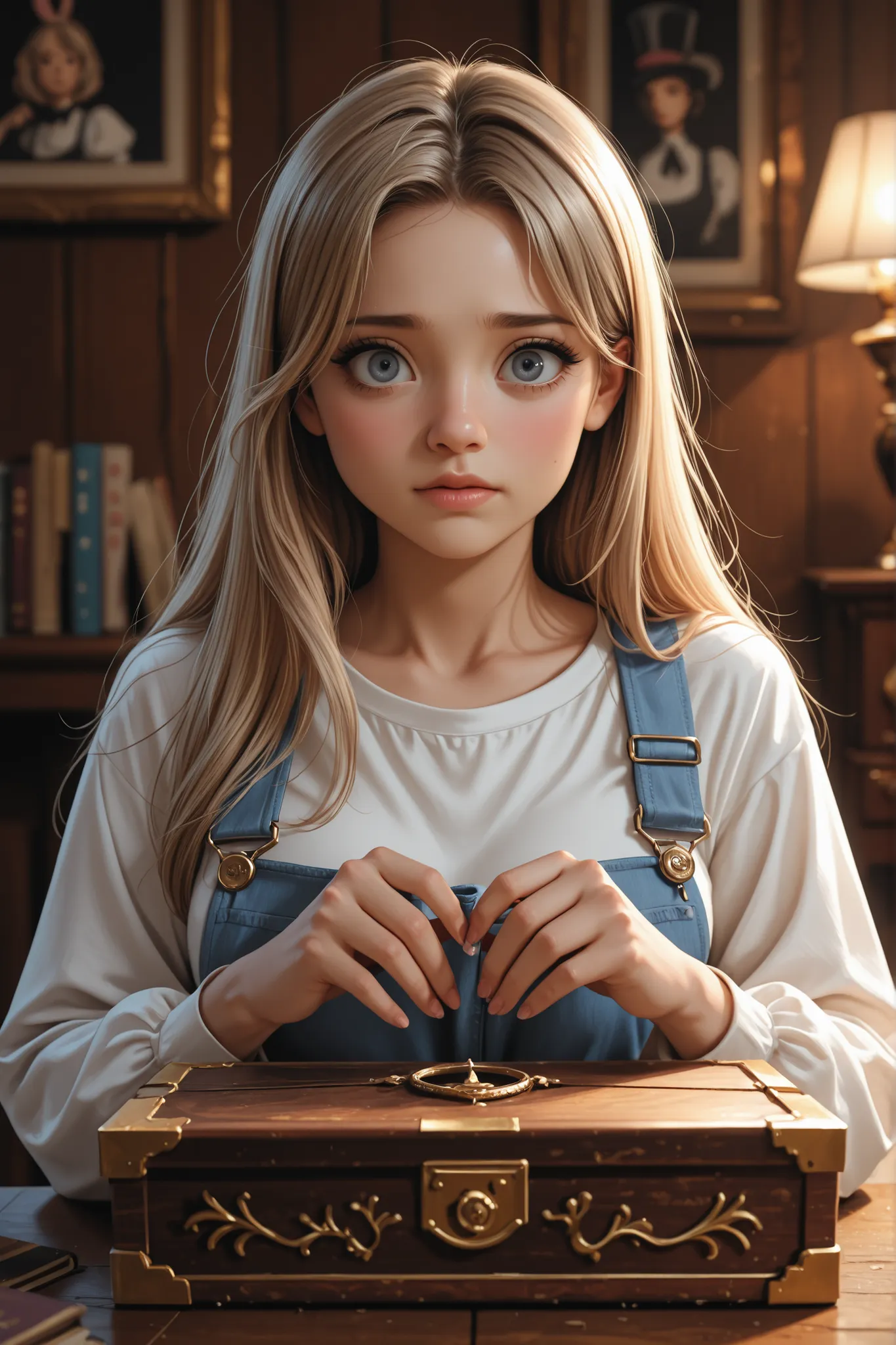 Book Cover: A close-up of Alice’s face. Her long, light brown hair is disheveled, and her grey-blue eyes are wide with fear and determination. She clutches an empty, antique wooden jewelry box tightly in her hands. Behind her, blurred and out of focus, is ...